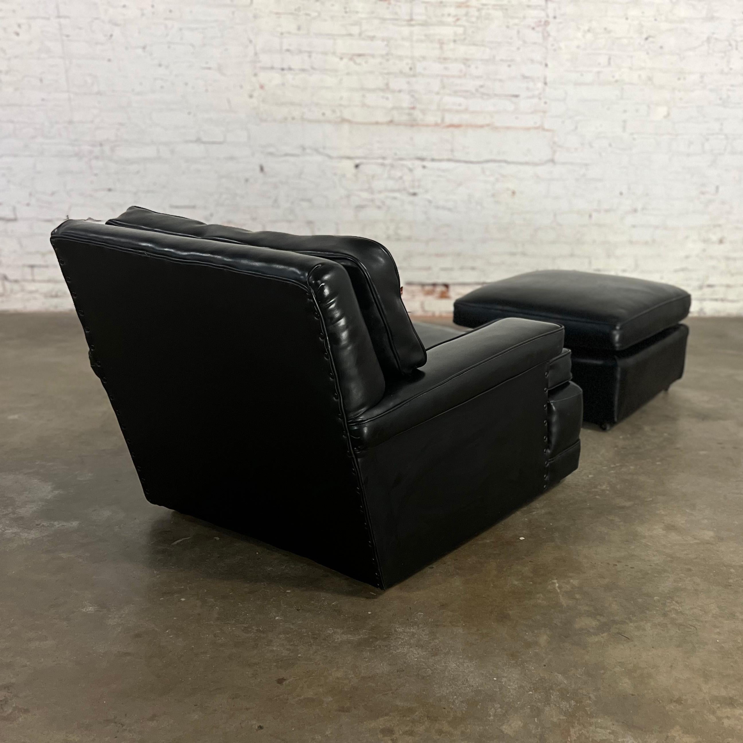 Mid-Century Modern Vintage Art Deco to MCM Black Faux Leather Club Chair & Ottoman w/ Casters For Sale