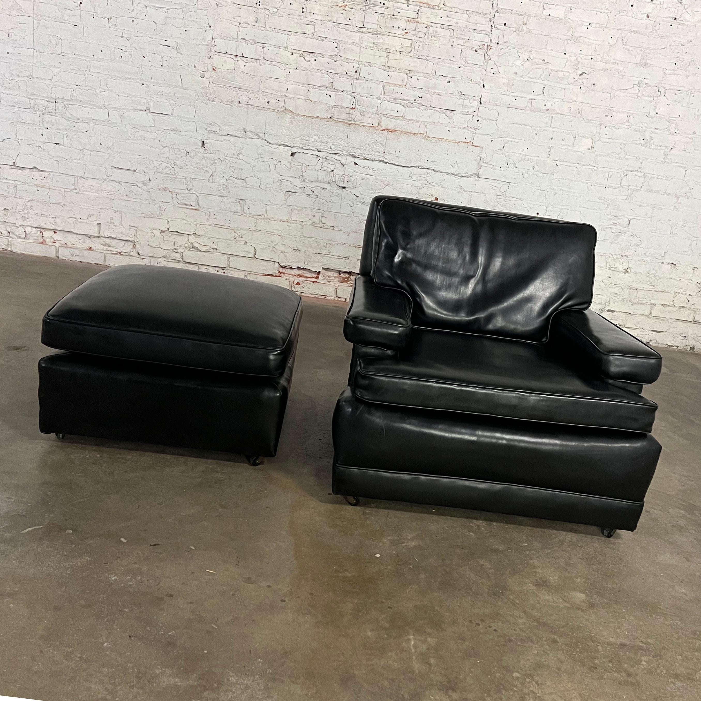 Unknown Vintage Art Deco to MCM Black Faux Leather Club Chair & Ottoman w/ Casters For Sale