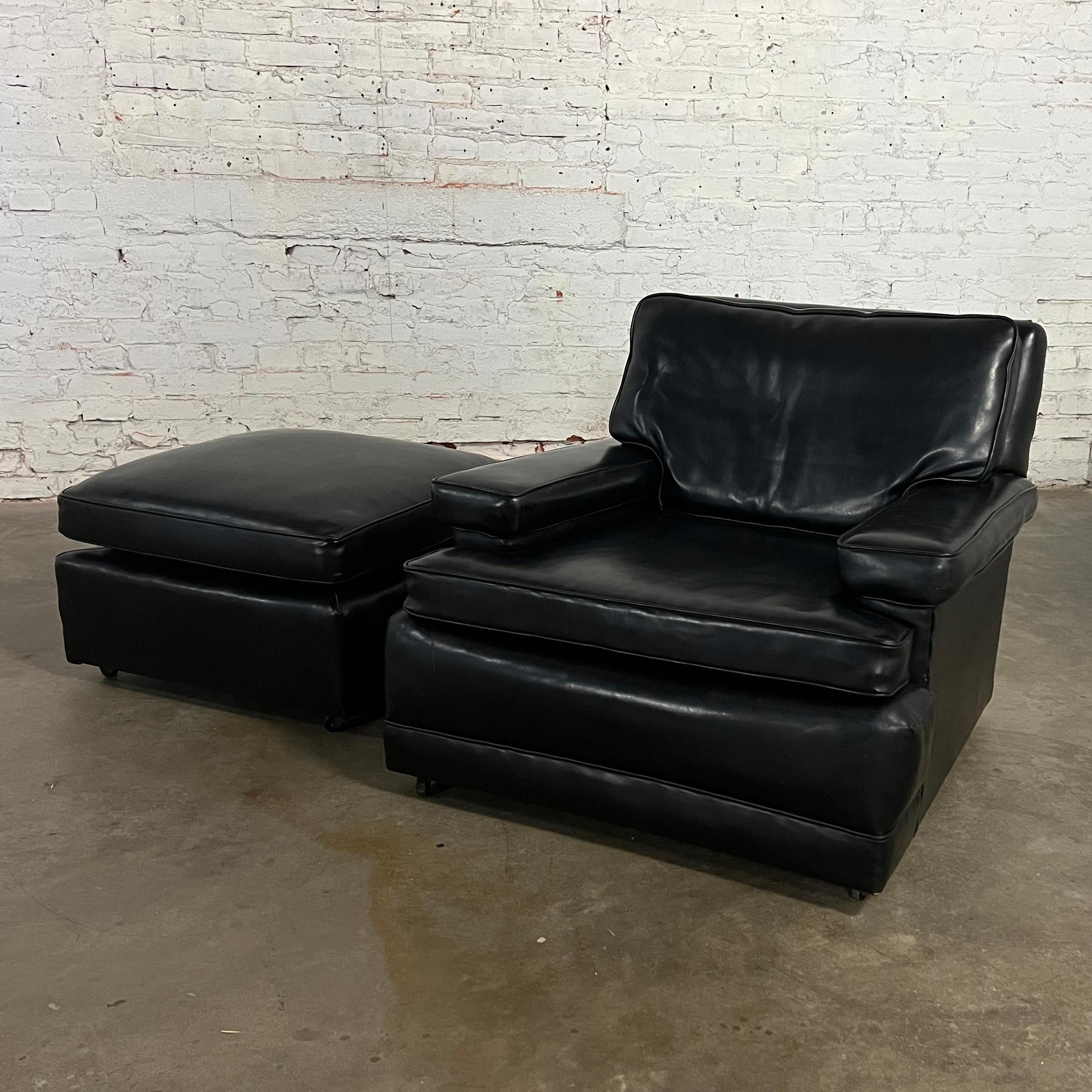 Vintage Art Deco to MCM Black Faux Leather Club Chair & Ottoman w/ Casters In Good Condition For Sale In Topeka, KS