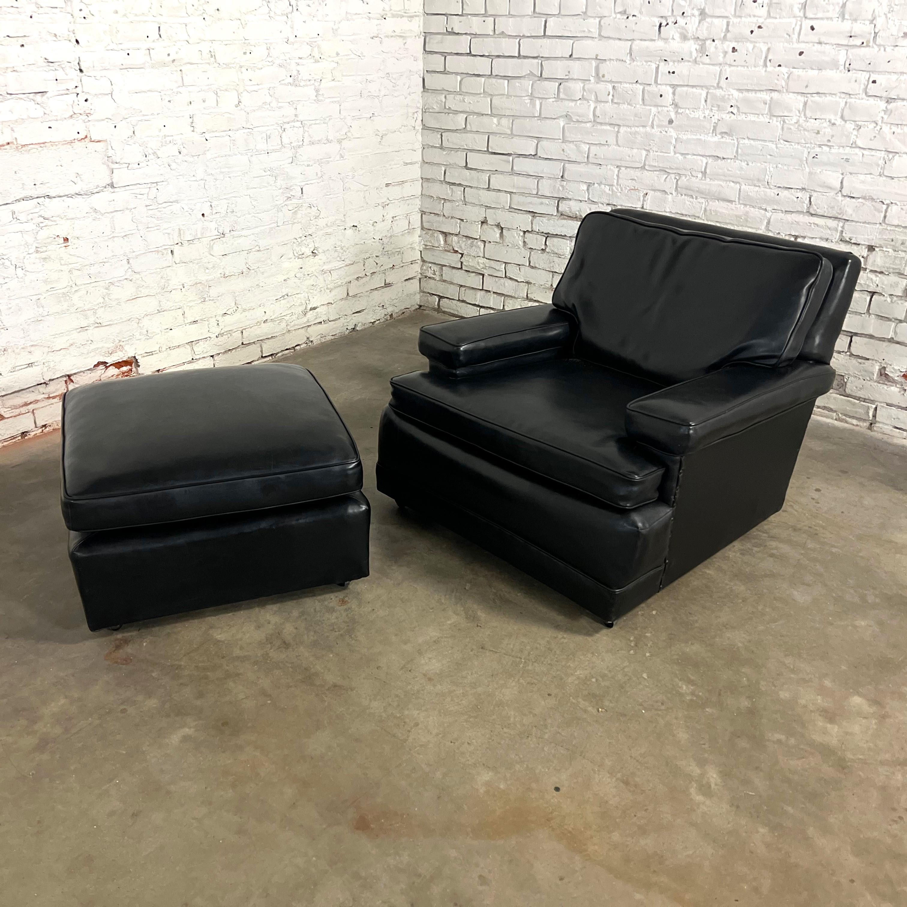 20th Century Vintage Art Deco to MCM Black Faux Leather Club Chair & Ottoman w/ Casters For Sale