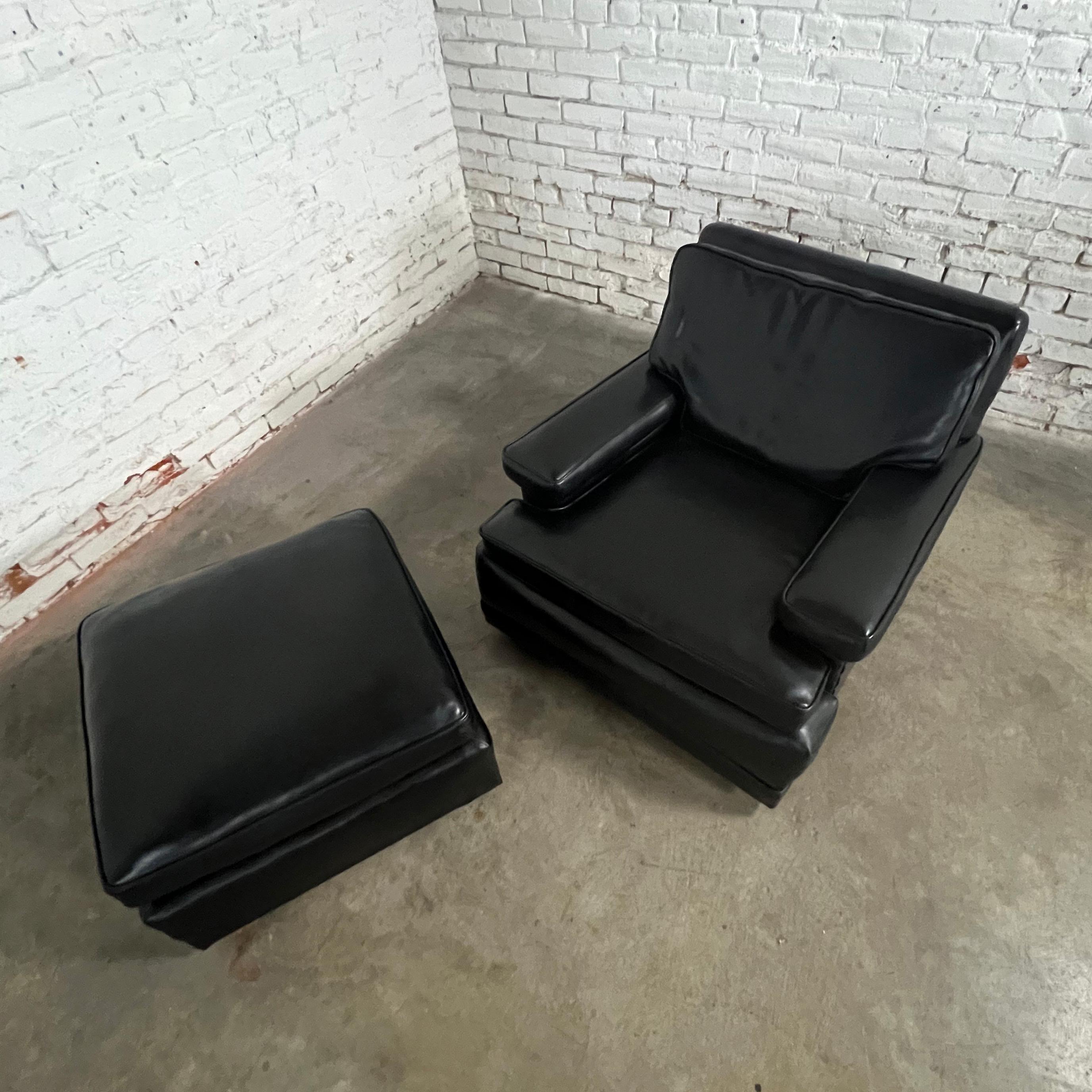 Vintage Art Deco to MCM Black Faux Leather Club Chair & Ottoman w/ Casters For Sale 1