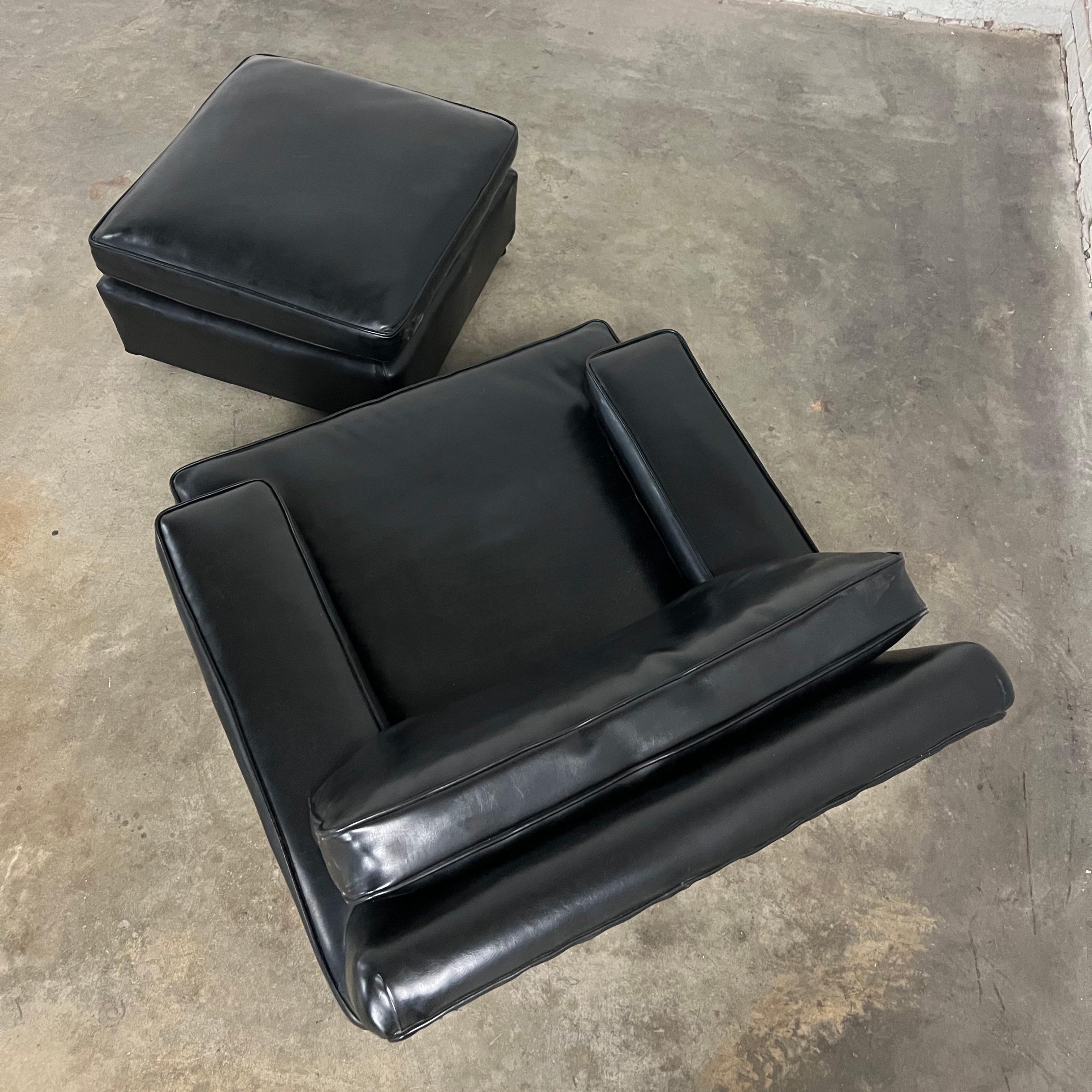 Vintage Art Deco to MCM Black Faux Leather Club Chair & Ottoman w/ Casters For Sale 2