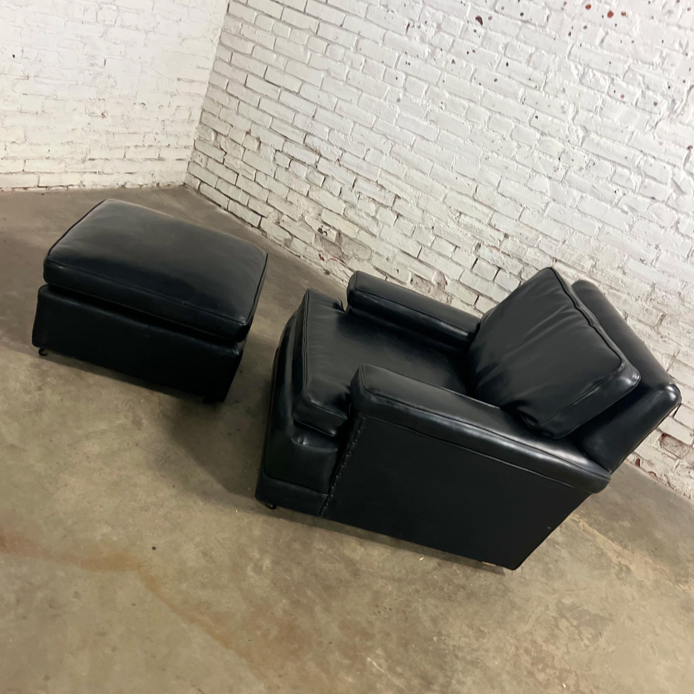 Vintage Art Deco to MCM Black Faux Leather Club Chair & Ottoman w/ Casters For Sale 3