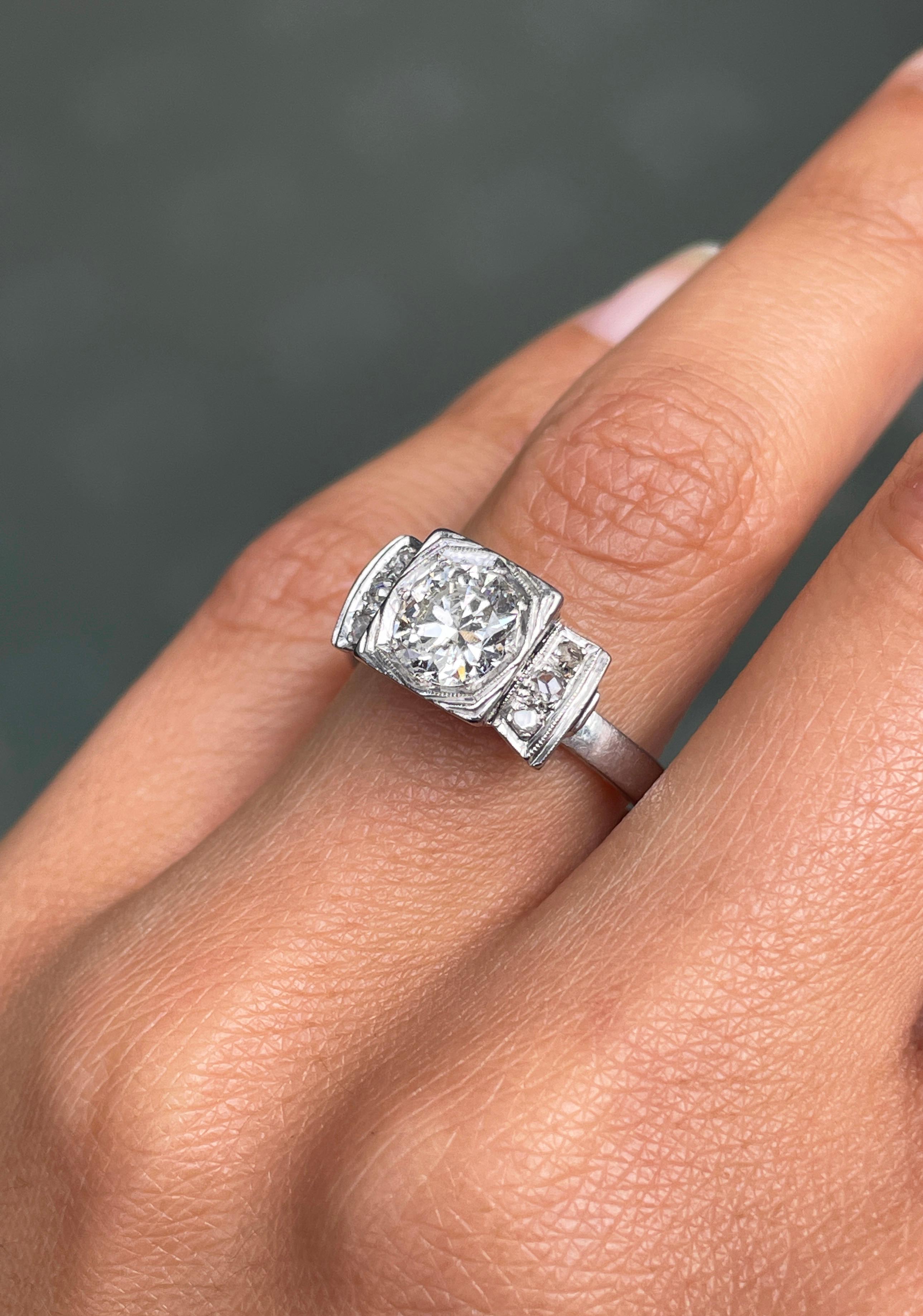 Round Cut Vintage Art Deco Transitional Cut Diamond 18 Carat White Gold Engagement Ring For Sale