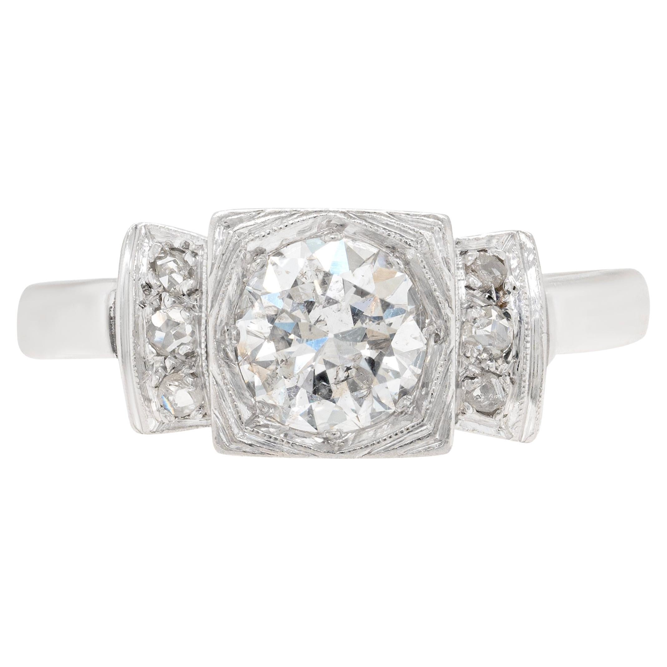 Vintage Art Deco Transitional Cut Diamond 18 Carat White Gold Engagement Ring For Sale