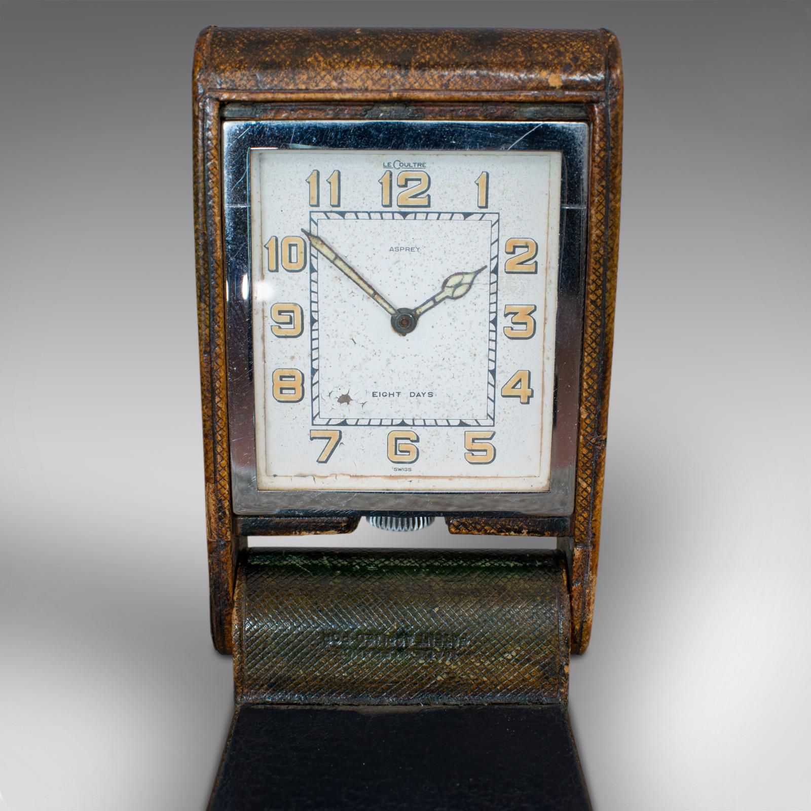 20th Century Vintage Art Deco Travel Clock, Franco-Swiss, 8 Day, Jaeger-LeCoultre, Asprey