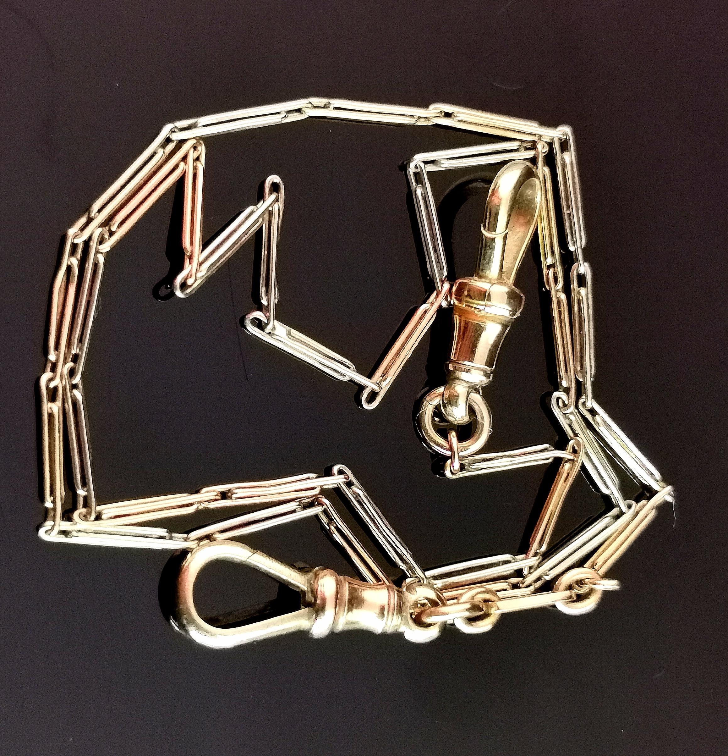 A truly stunning vintage Art Deco era fancy link Albert chain in 9ct mixed gold.

This beautiful chain has fancy paperclip links and has all three colours of gold.

9ct Rose gold, 9ct yellow gold and 9ct white gold are used intermittently along the