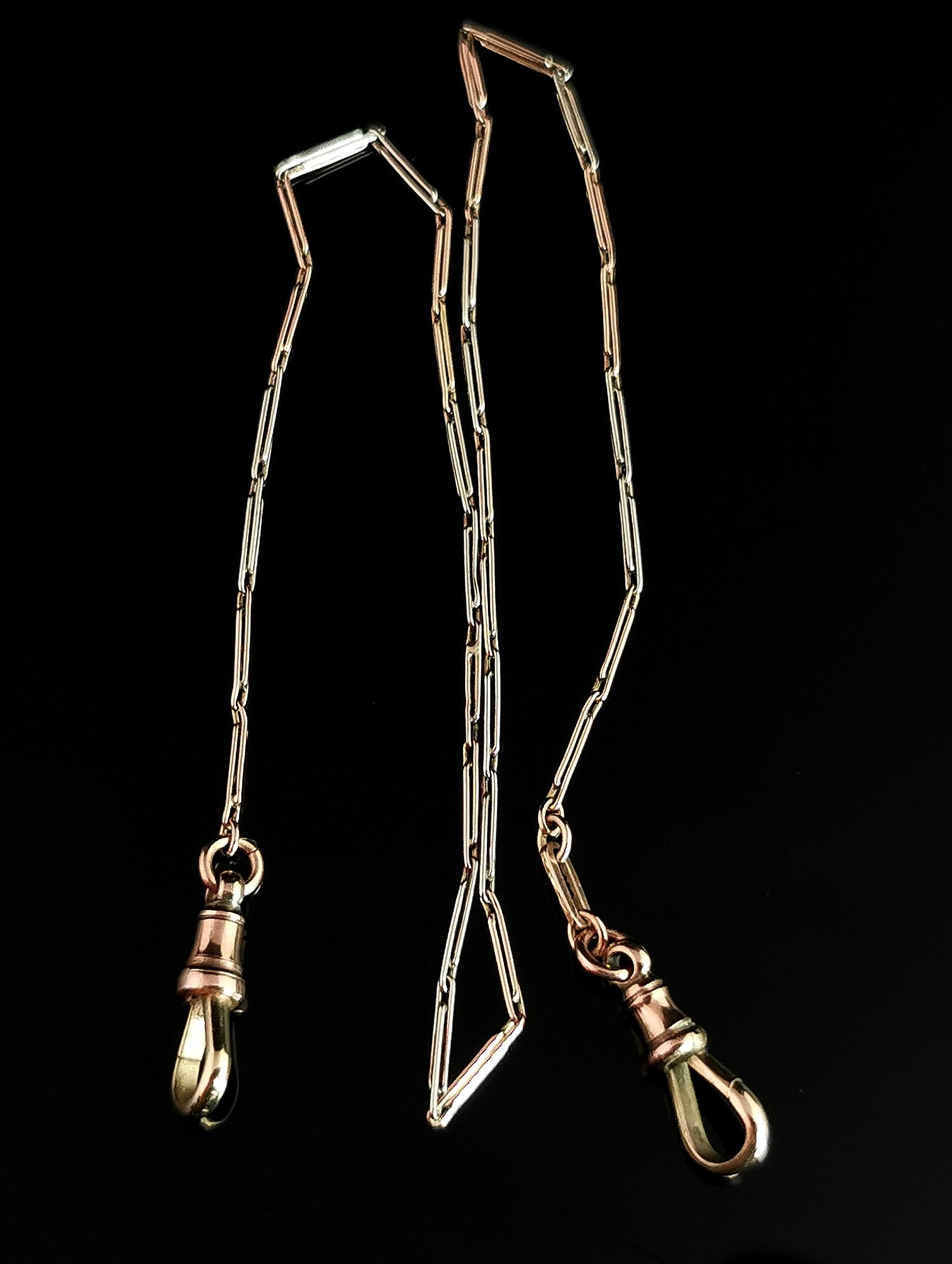 Women's or Men's Vintage Art Deco Tri Colour 9k Gold Albert Chain, Rose, Yellow and White Gold
