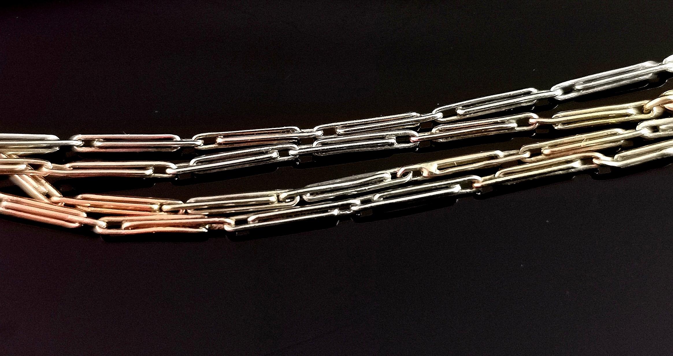 Vintage Art Deco Tri Colour 9k Gold Albert Chain, Rose, Yellow and White Gold 2