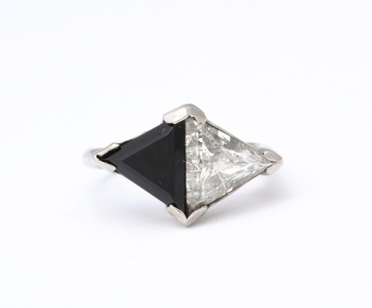 Mixed Cut Vintage Art Deco Triangular Diamond and Onyx Platinum Ring