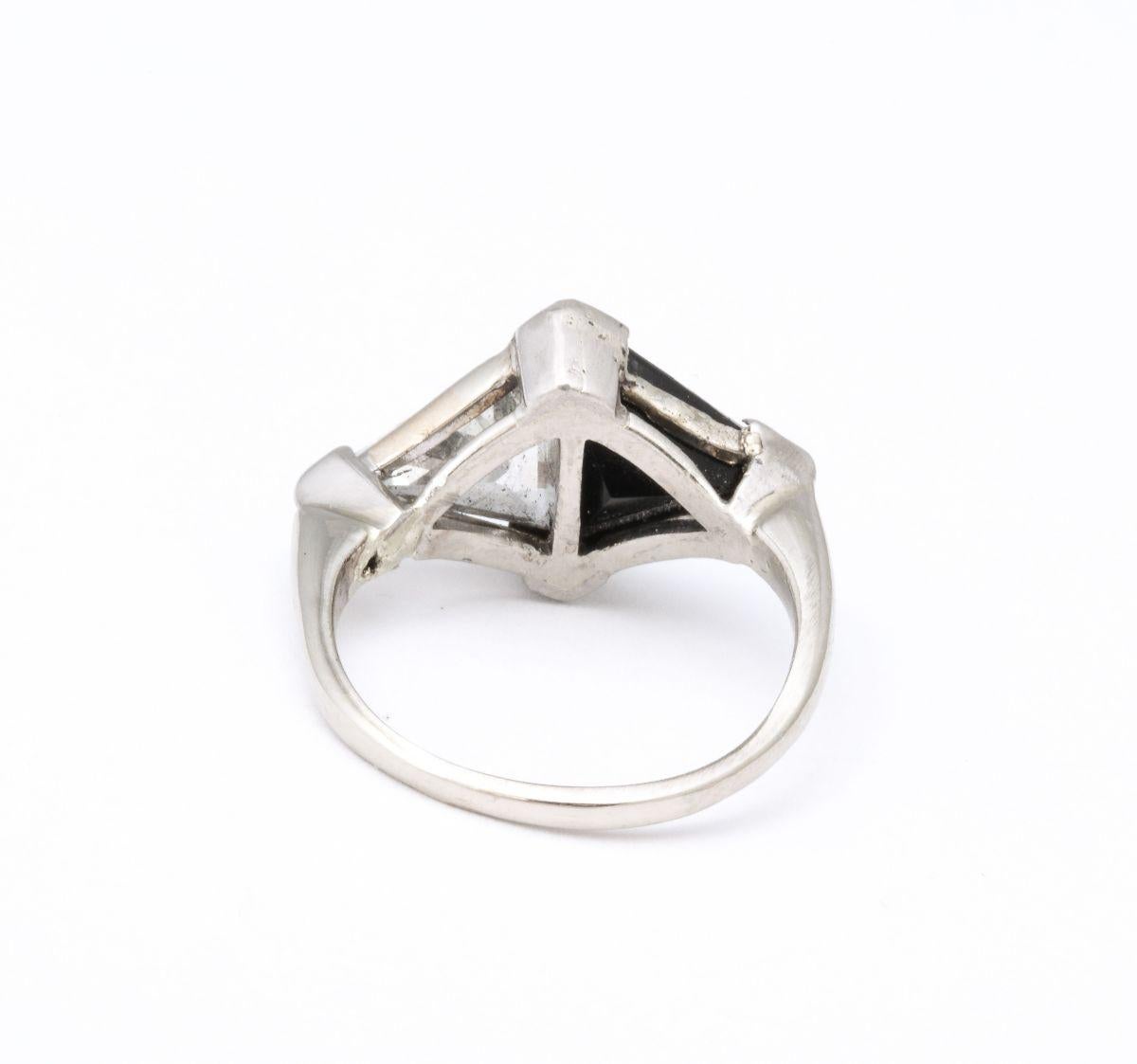 Vintage Art Deco Triangular Diamond and Onyx Platinum Ring 1