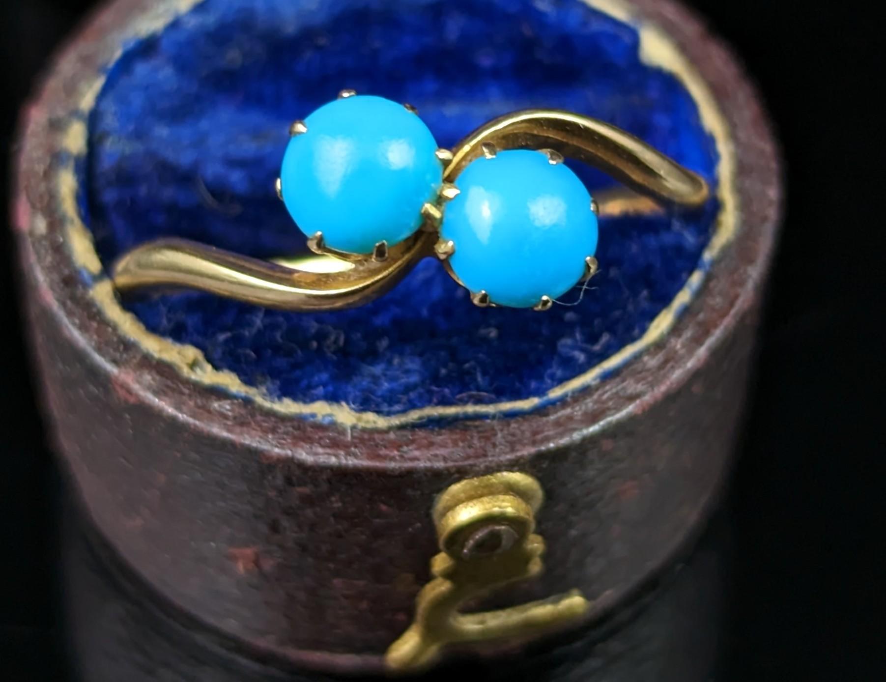 Vintage Art Deco Turquoise Crossover Ring, 18k Gold, Toi Et Moi 4
