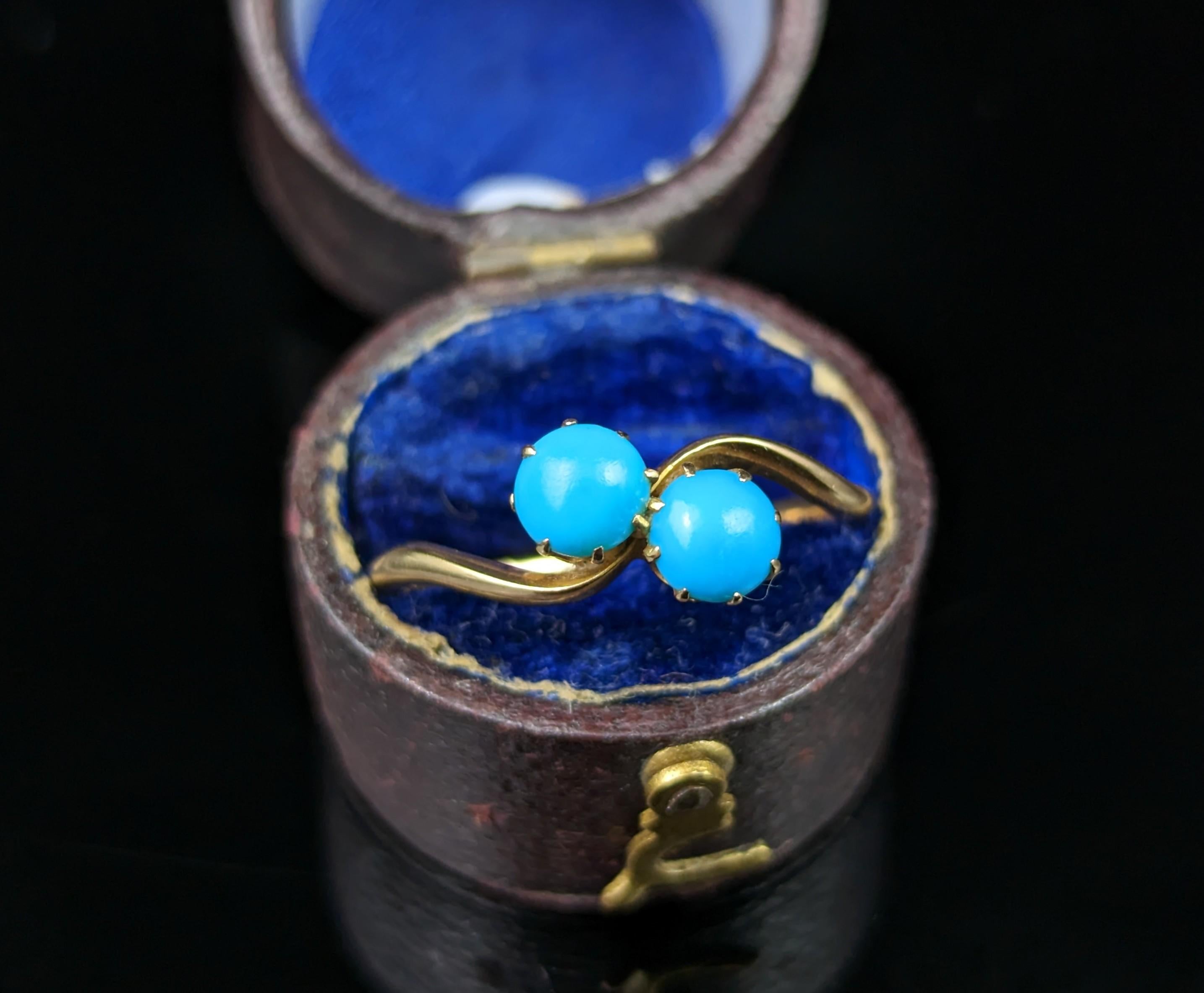 Vintage Art Deco Turquoise Crossover Ring, 18k Gold, Toi Et Moi 5