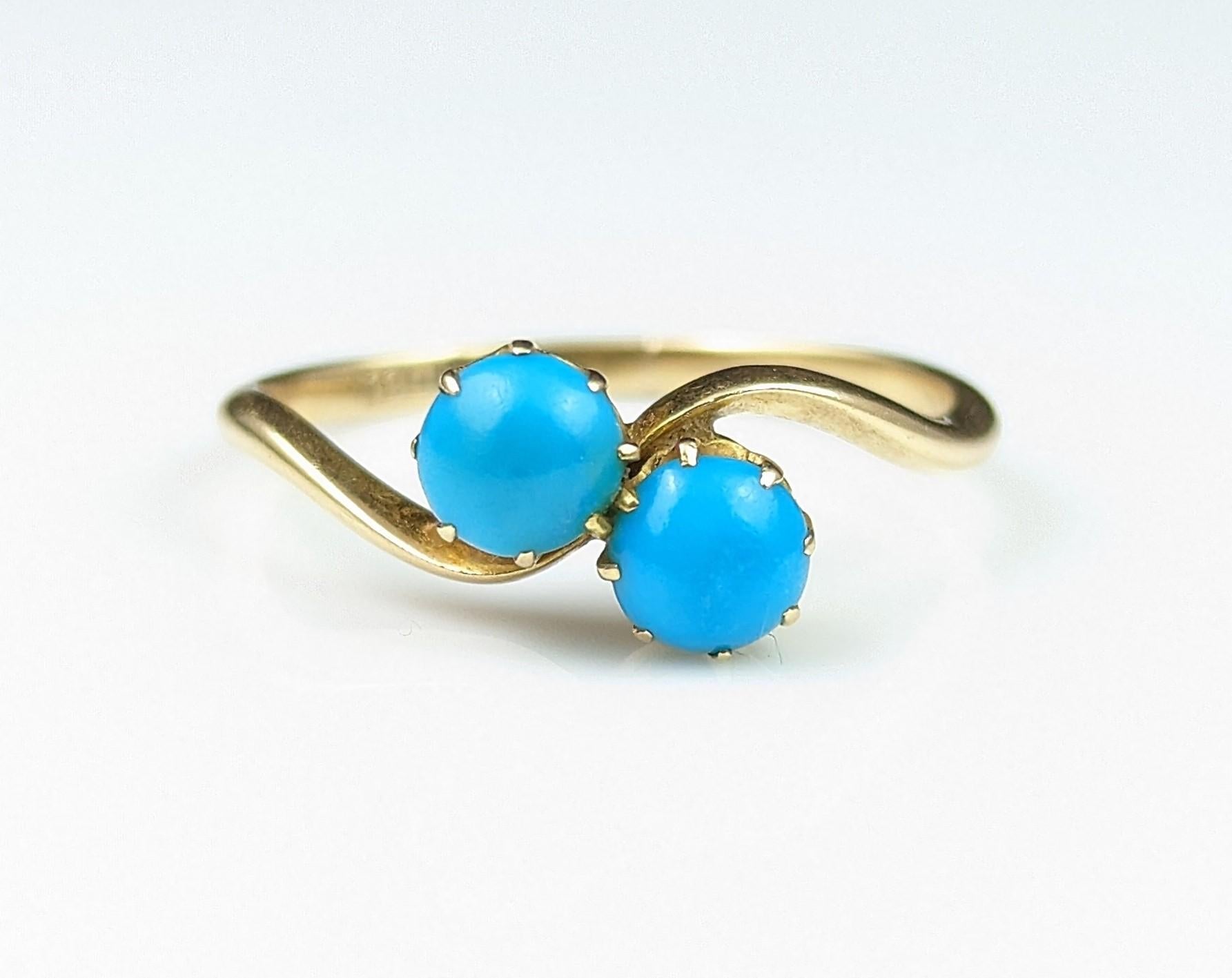 Vintage Art Deco Turquoise Crossover Ring, 18k Gold, Toi Et Moi 7