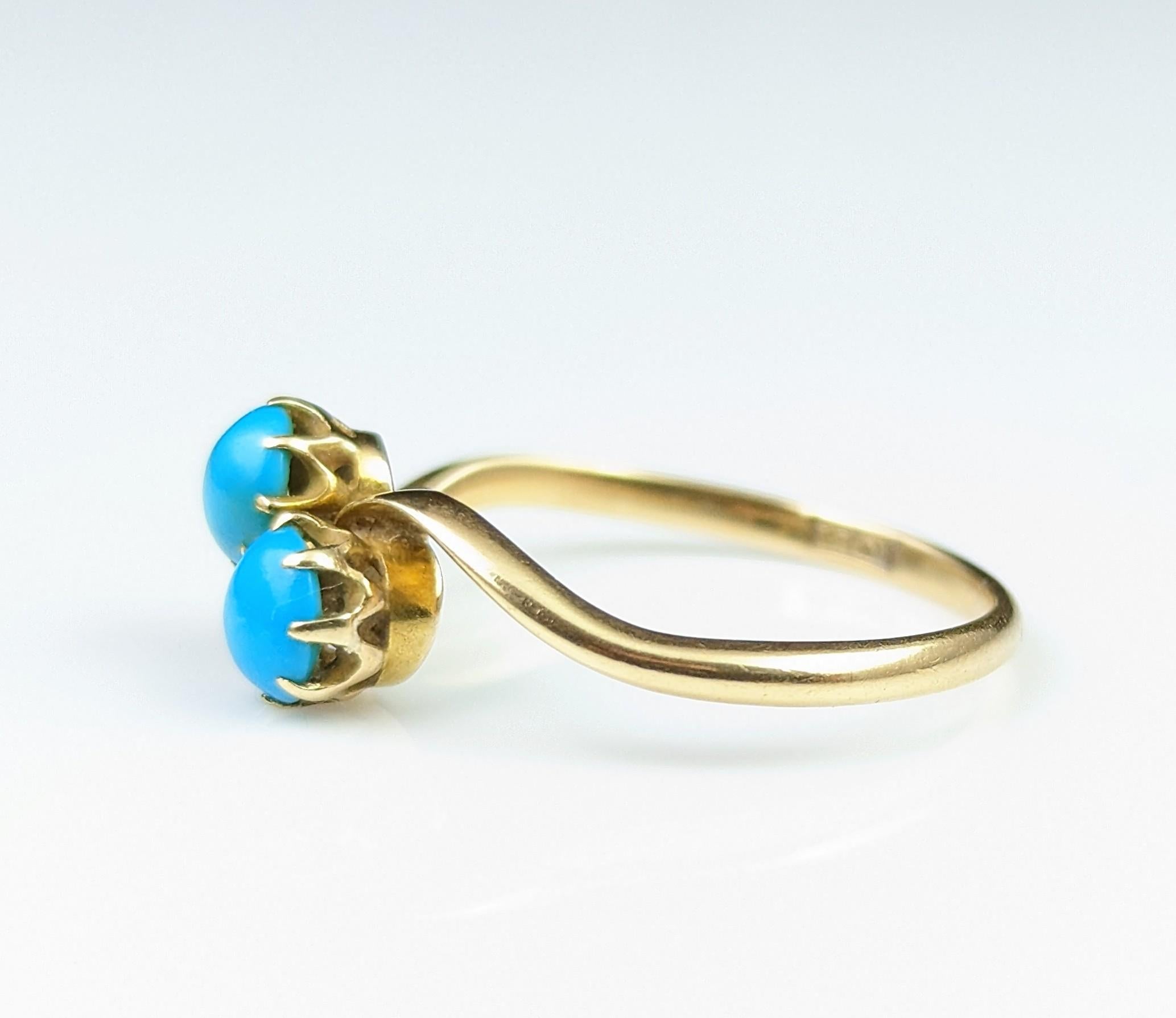 Vintage Art Deco Turquoise Crossover Ring, 18k Gold, Toi Et Moi 8