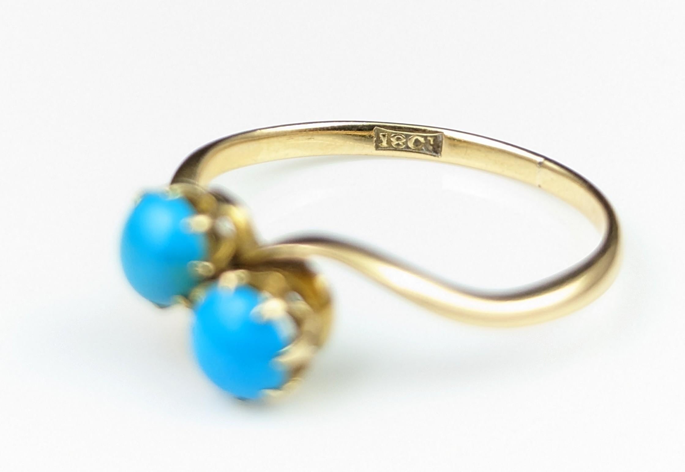 Vintage Art Deco Turquoise Crossover Ring, 18k Gold, Toi Et Moi 9