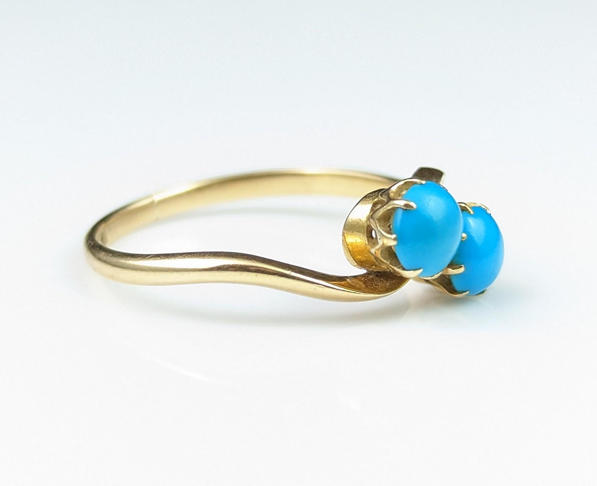 Vintage Art Deco Turquoise Crossover Ring, 18k Gold, Toi Et Moi 10