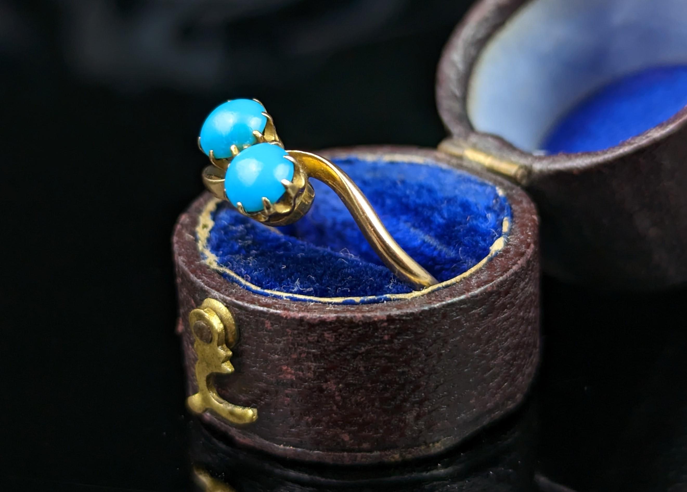 Cabochon Vintage Art Deco Turquoise Crossover Ring, 18k Gold, Toi Et Moi