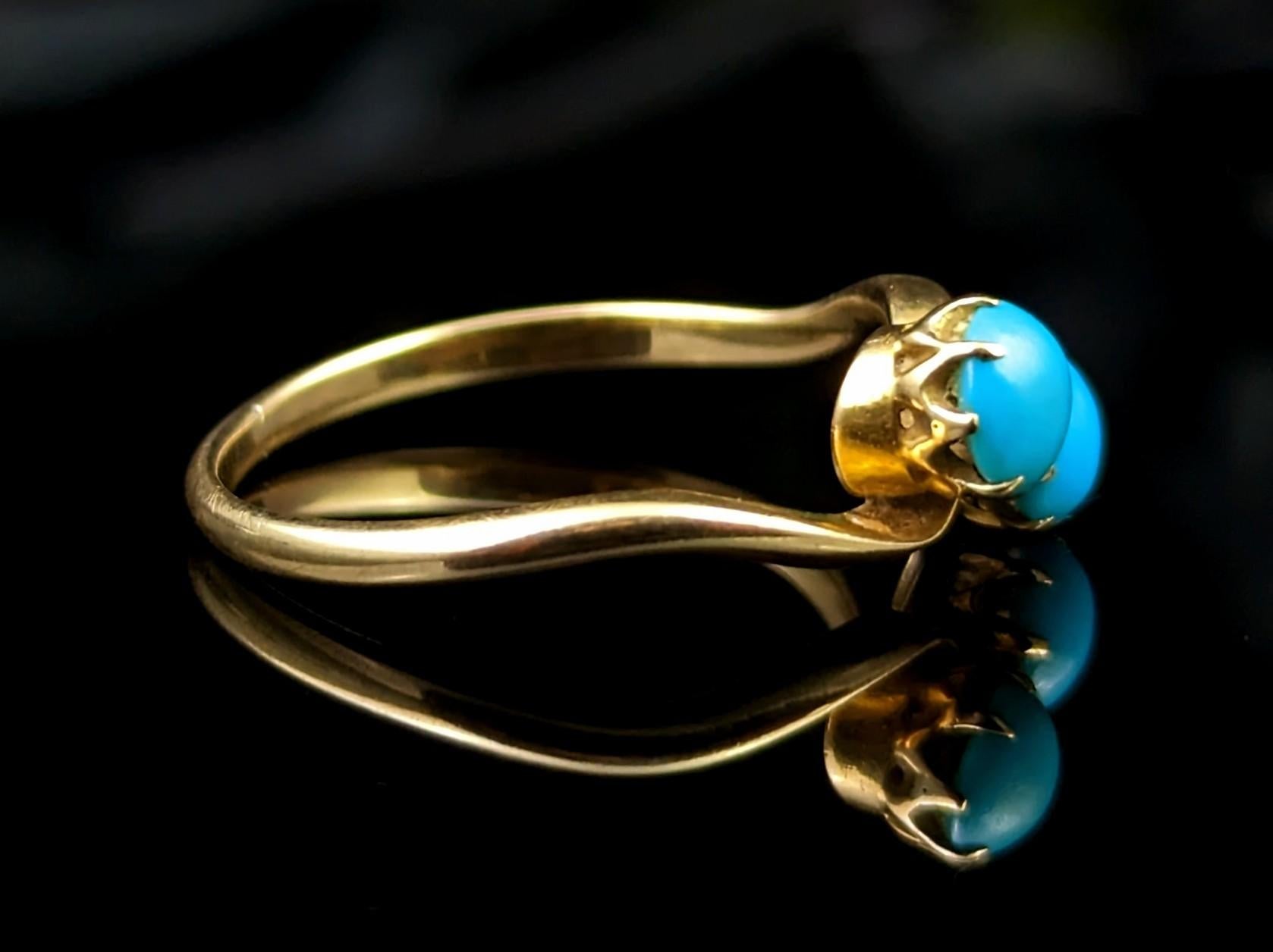 Vintage Art Deco Turquoise Crossover Ring, 18k Gold, Toi Et Moi In Good Condition In NEWARK, GB