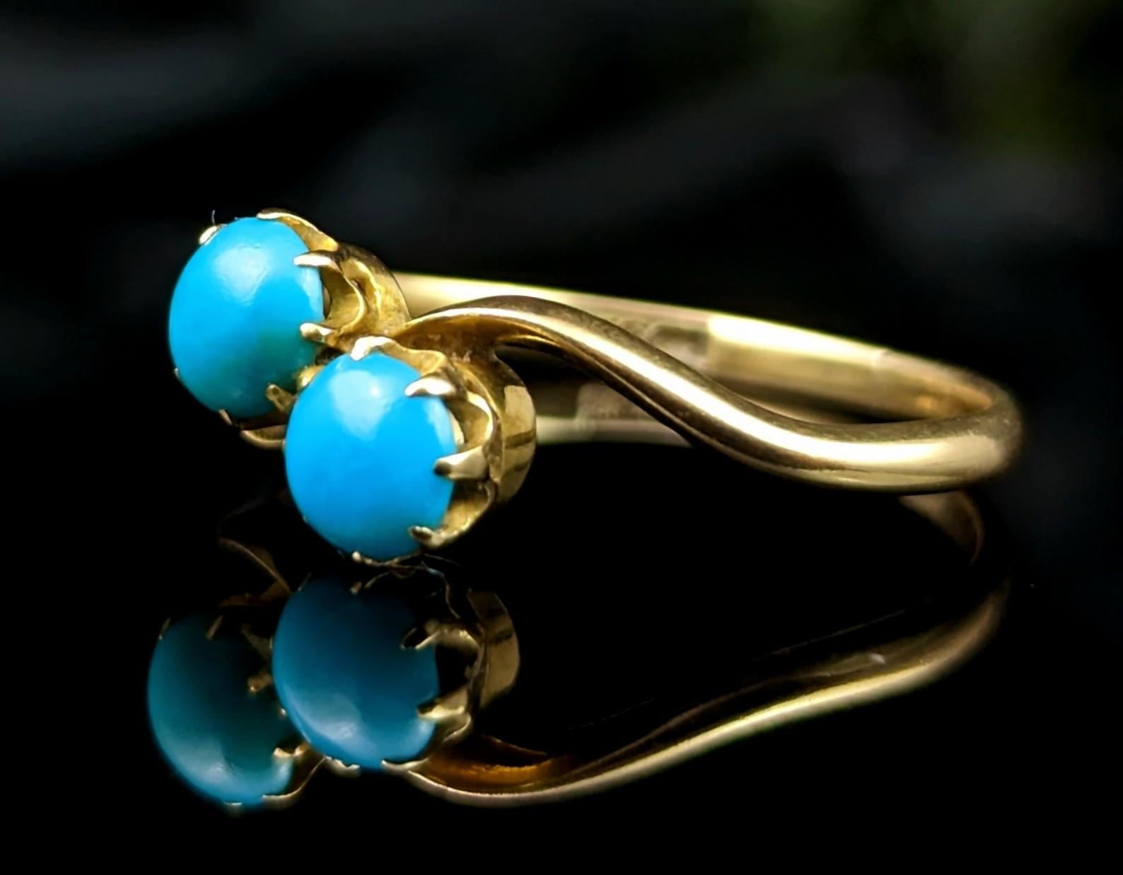 Women's Vintage Art Deco Turquoise Crossover Ring, 18k Gold, Toi Et Moi