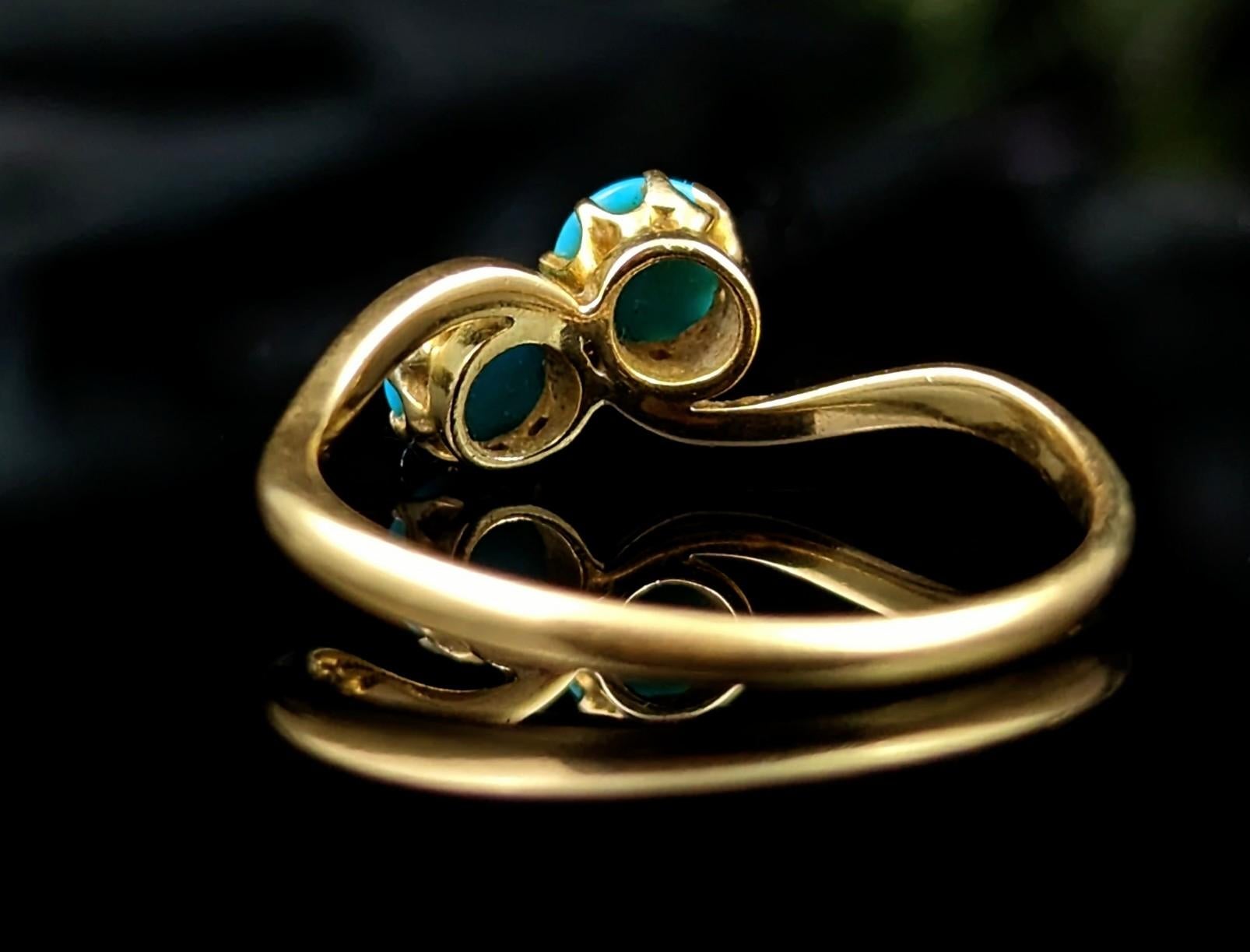 Vintage Art Deco Turquoise Crossover Ring, 18k Gold, Toi Et Moi 1