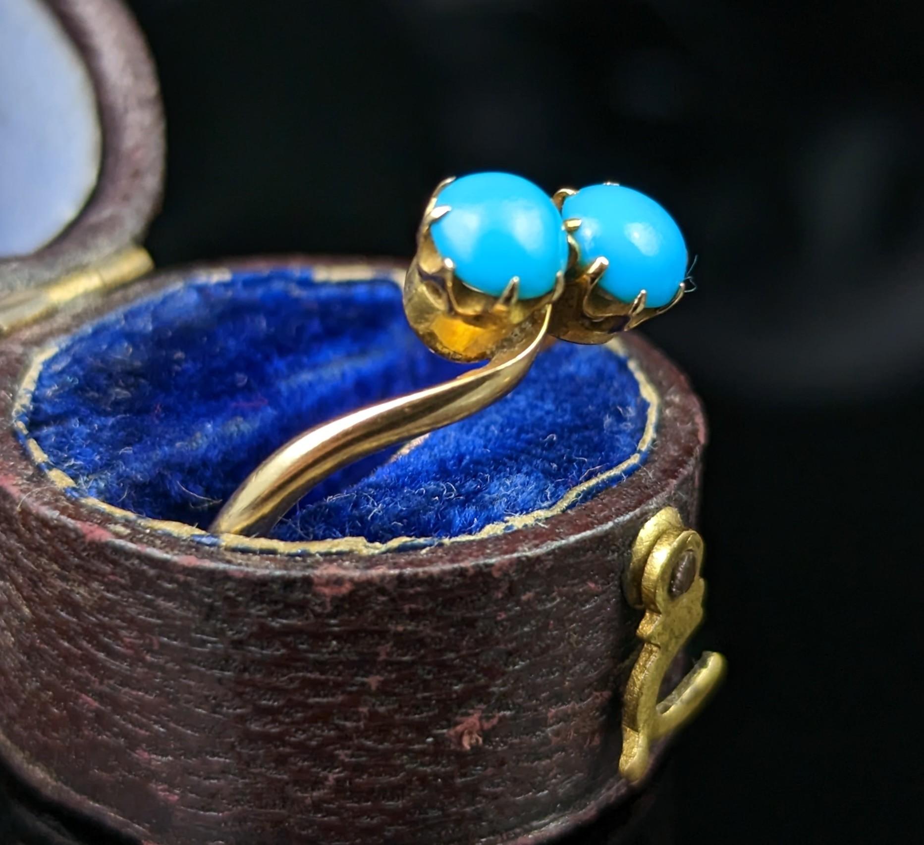 Vintage Art Deco Turquoise Crossover Ring, 18k Gold, Toi Et Moi 3