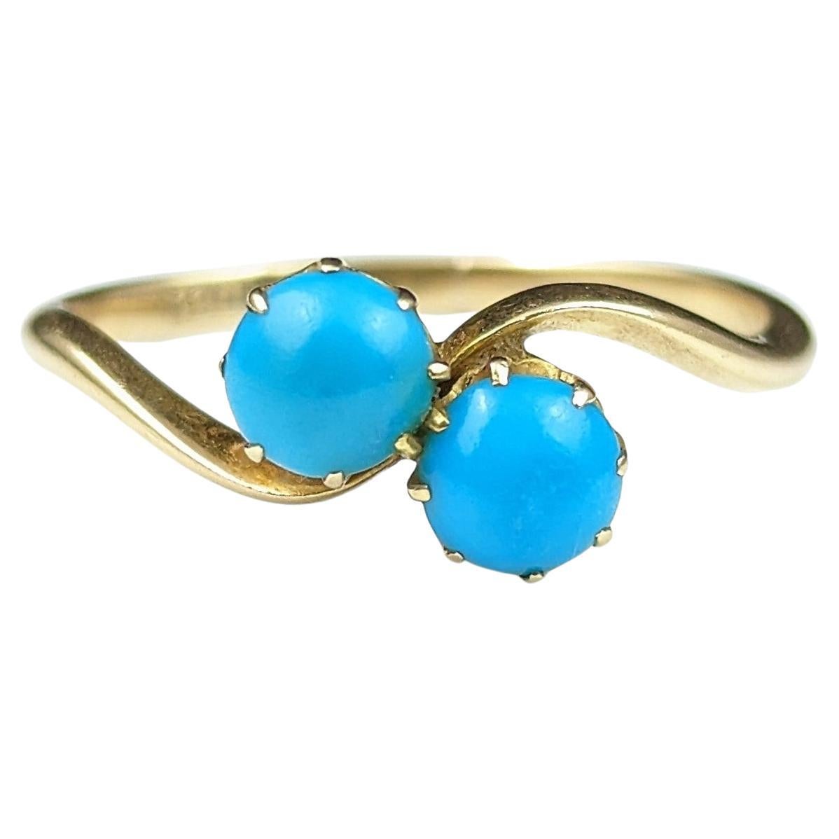 Vintage Art Deco Turquoise Crossover Ring, 18k Gold, Toi Et Moi