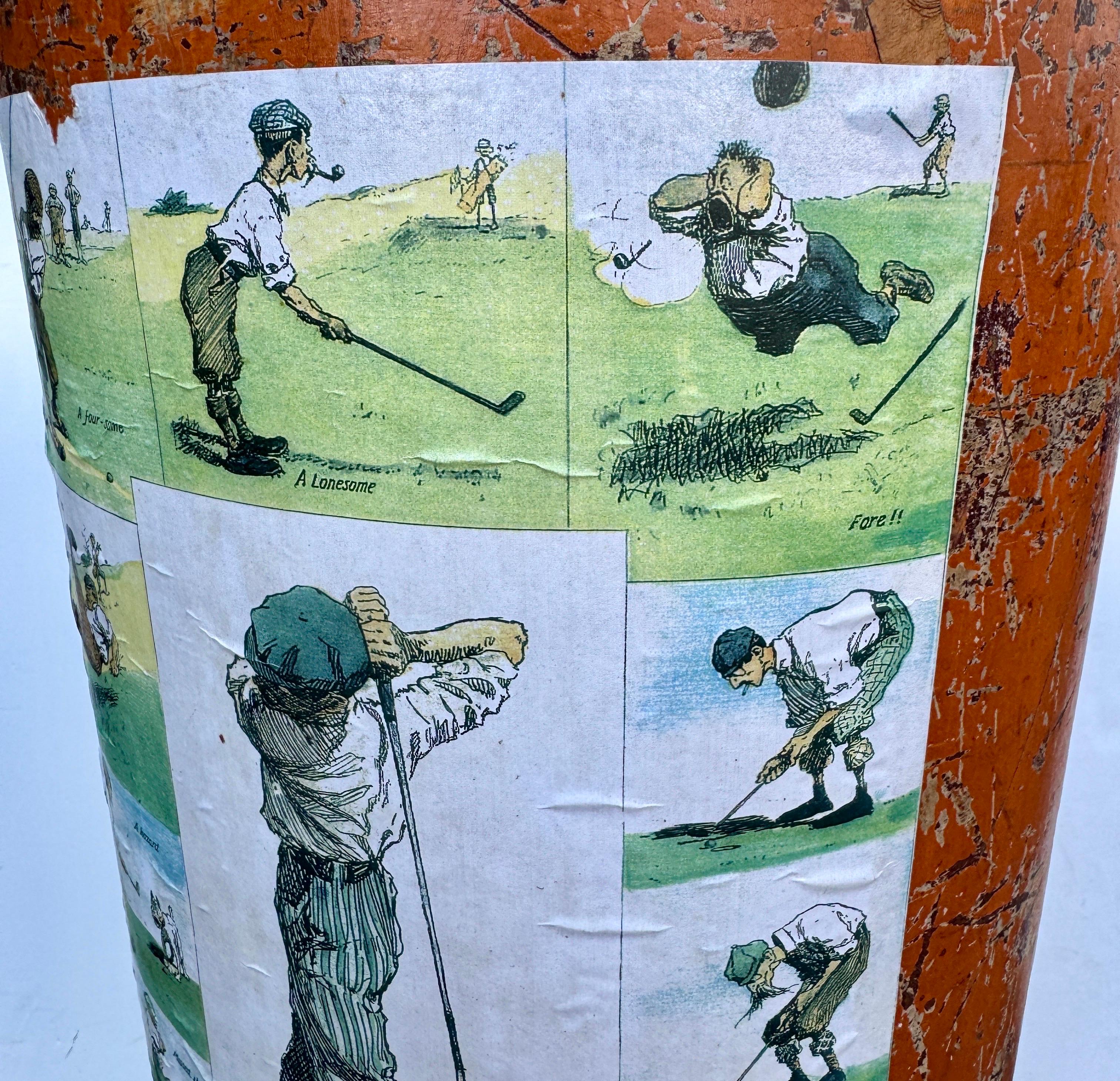 Vintage Art Deco Umbrella Cane Stand Barrel with Golfers For Sale 3