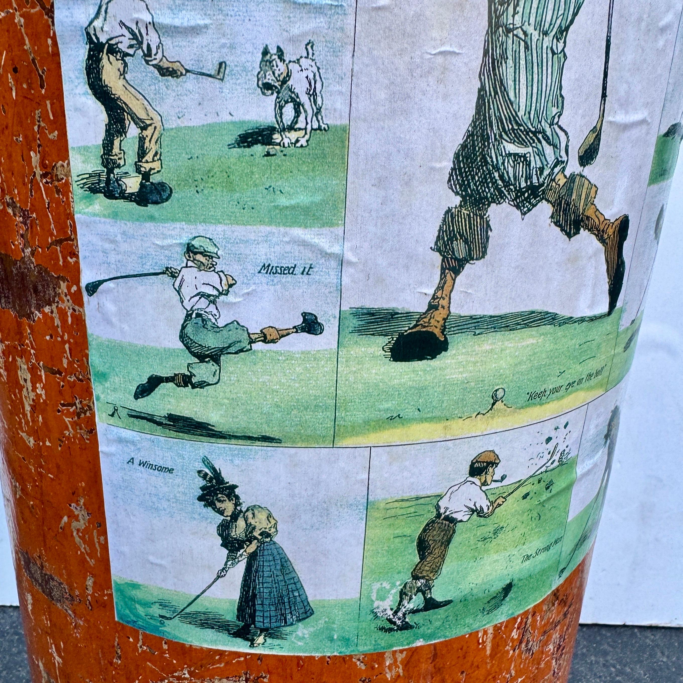 Vintage Art Deco Umbrella Cane Stand Barrel with Golfers For Sale 4