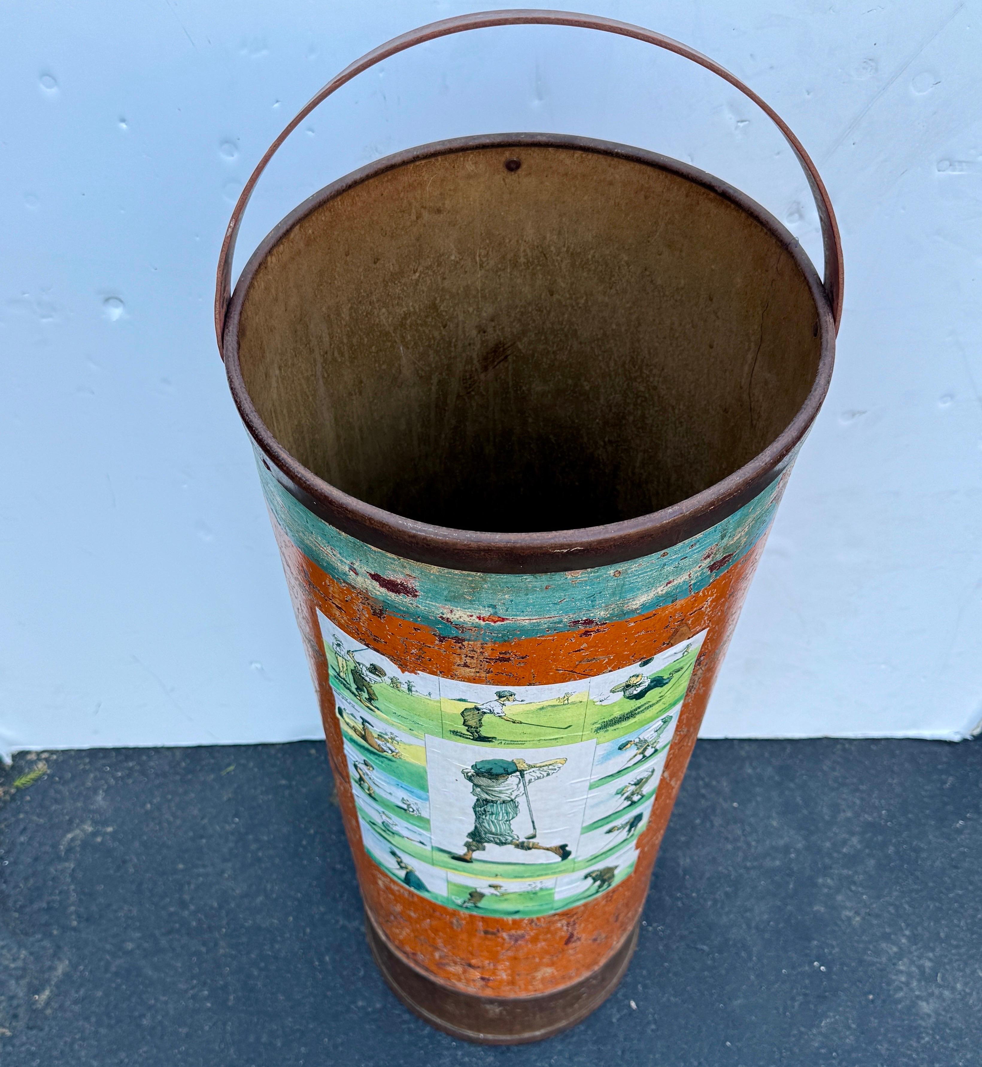 Vintage Art Deco Umbrella Cane Stand Barrel with Golfers For Sale 8
