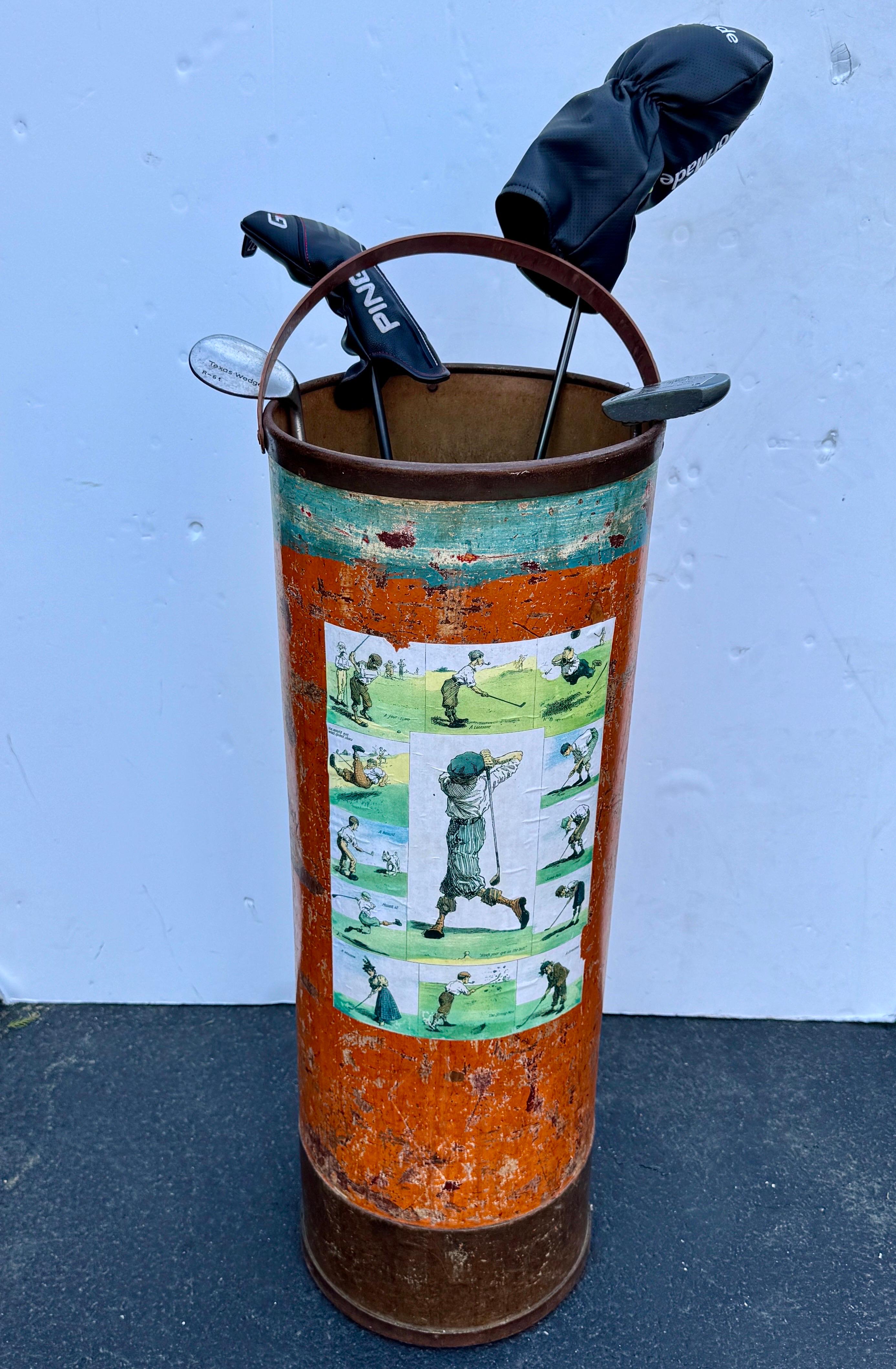 Very versatile vintage bin with a handle that we see holding umbrellas, canes, golf clubs or vintage fabrics in any home foyer, office setting, retail store or pro shop. Please also note the amazing patina in copper orange and turquoise with a golf