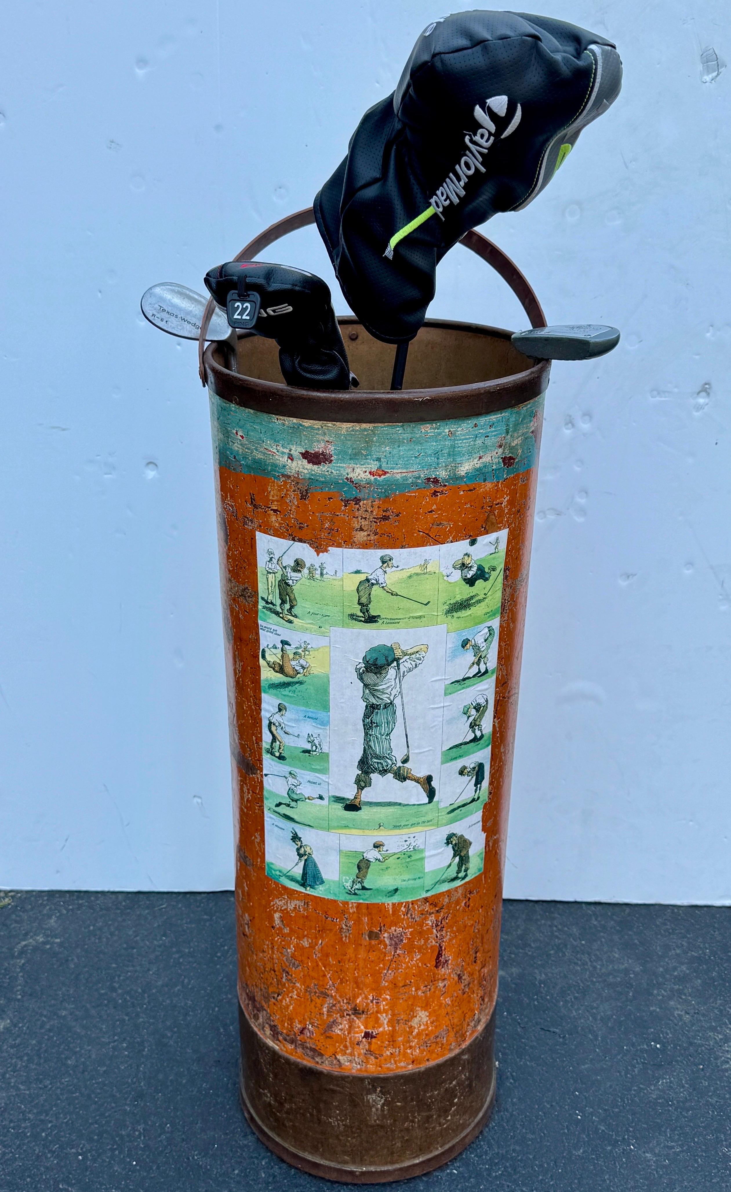 Vintage Art Deco Umbrella Cane Stand Barrel with Golfers For Sale 13