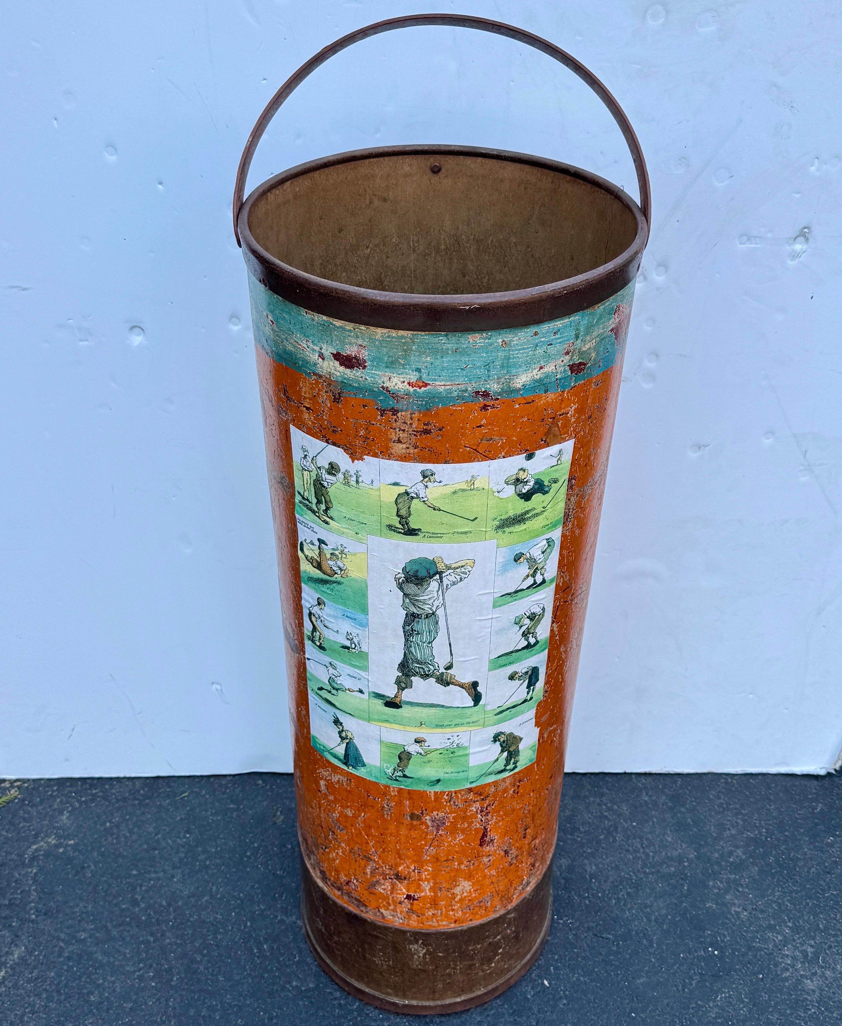 European Vintage Art Deco Umbrella Cane Stand Barrel with Golfers For Sale