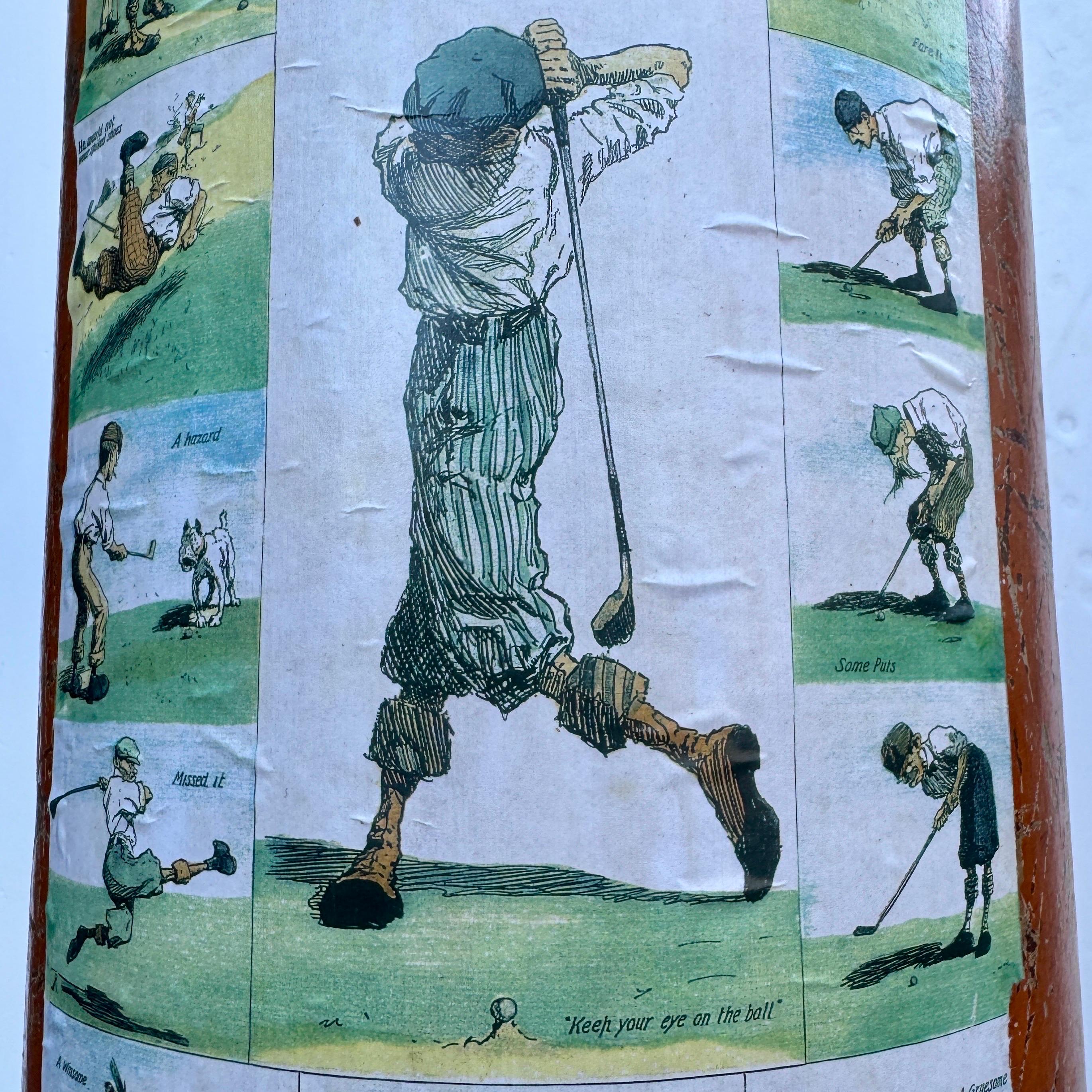 Vintage Art Deco Umbrella Cane Stand Barrel with Golfers For Sale 1