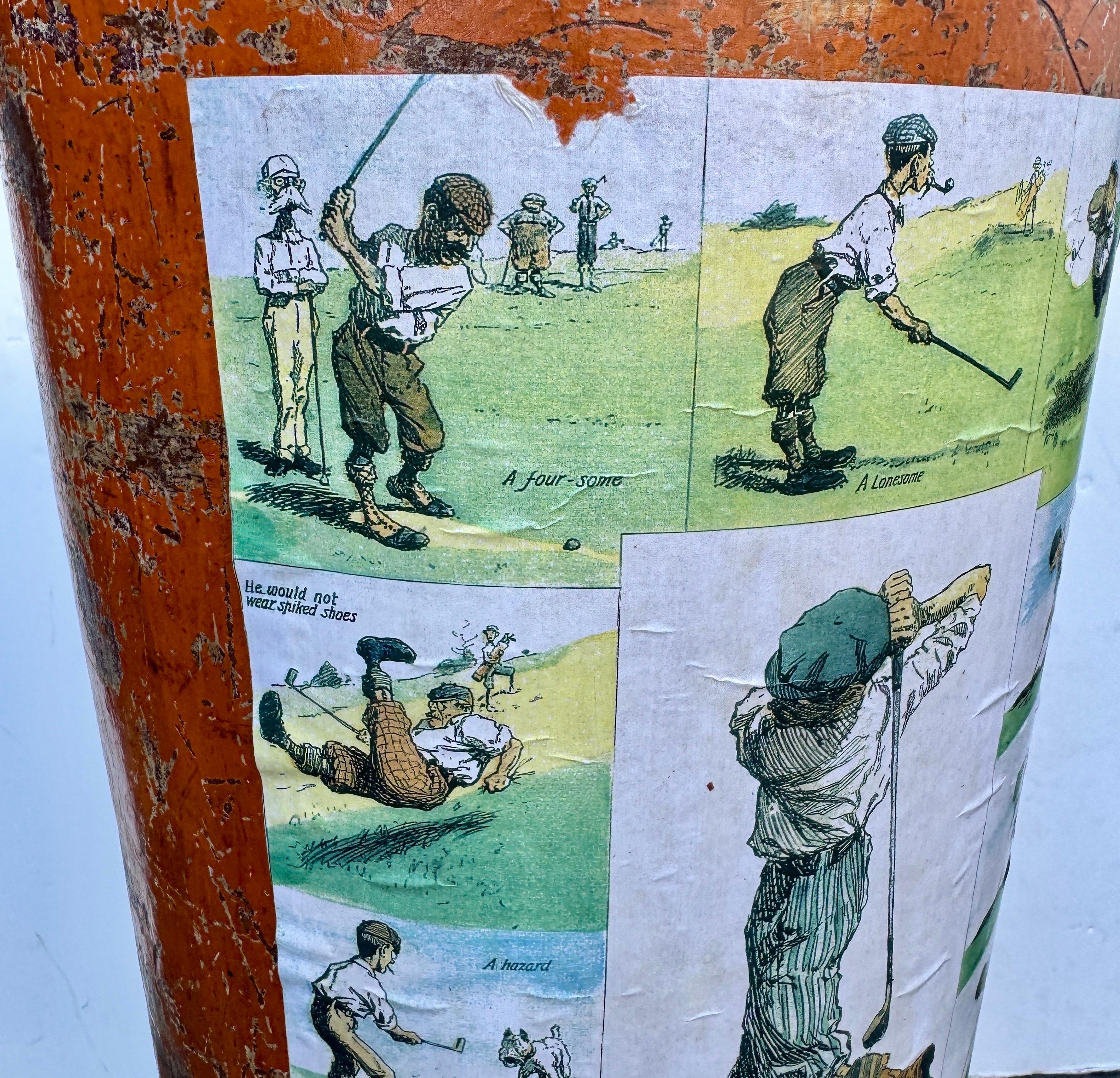 Vintage Art Deco Umbrella Cane Stand Barrel with Golfers For Sale 2