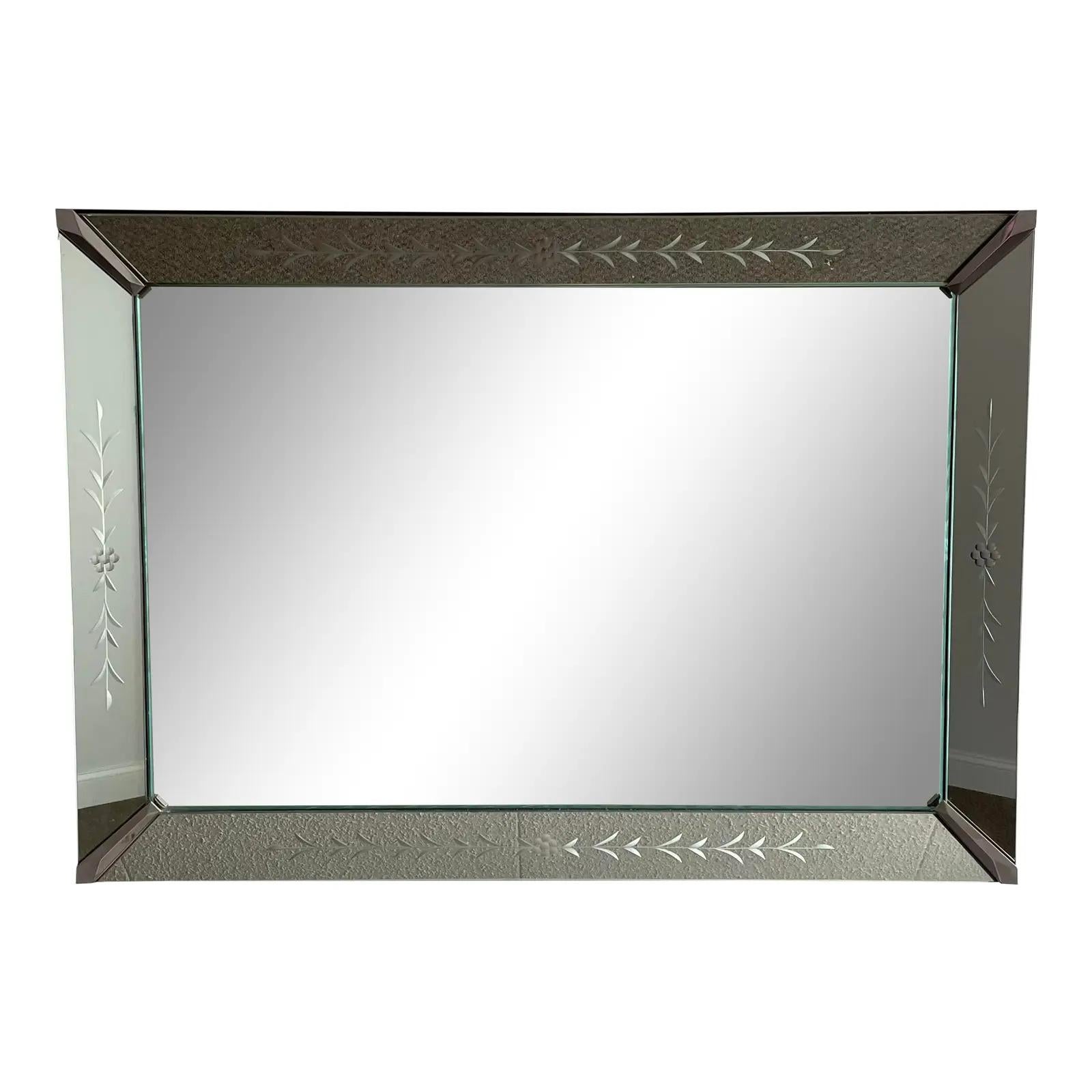 American Vintage Art Deco Venetian Etched Wall Mirror For Sale