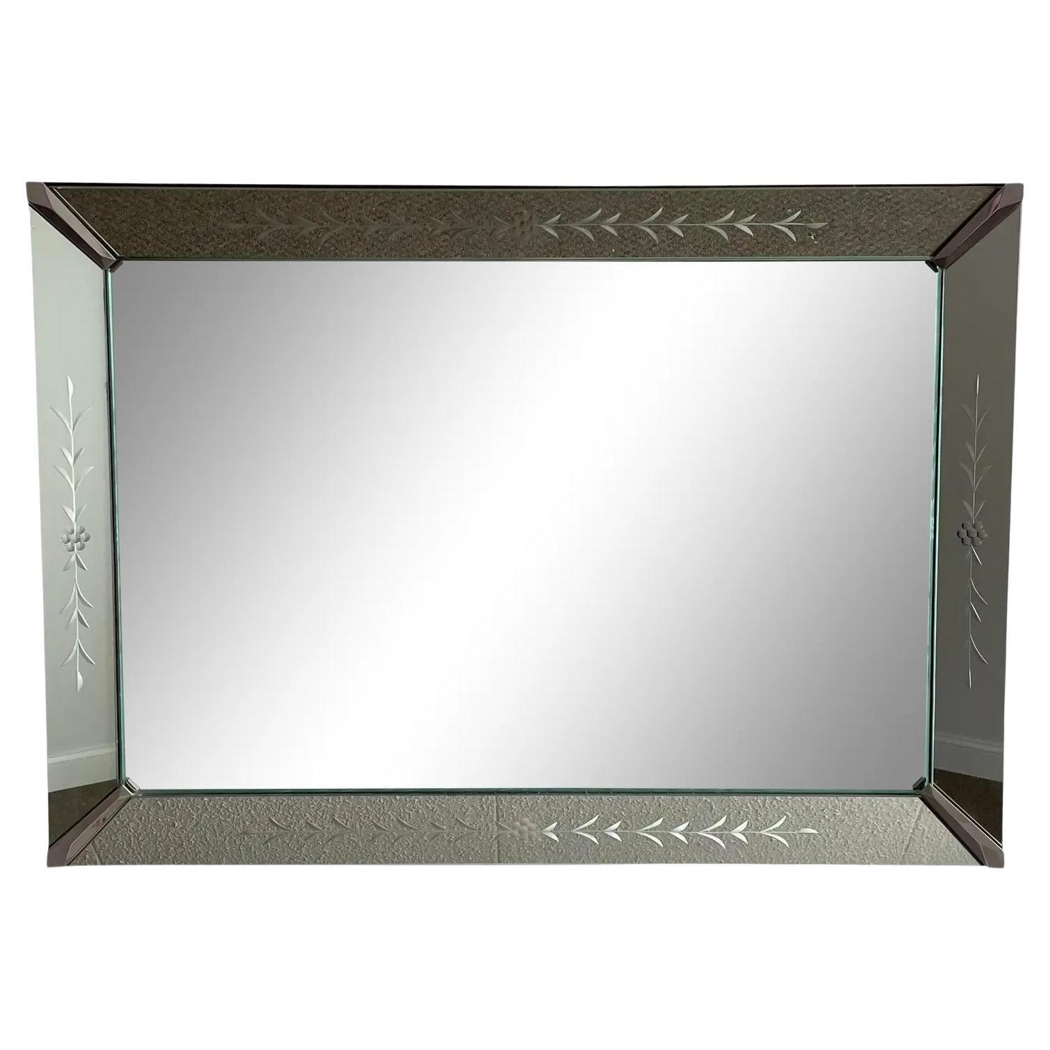 Vintage Art Deco Venetian Etched Wall Mirror For Sale
