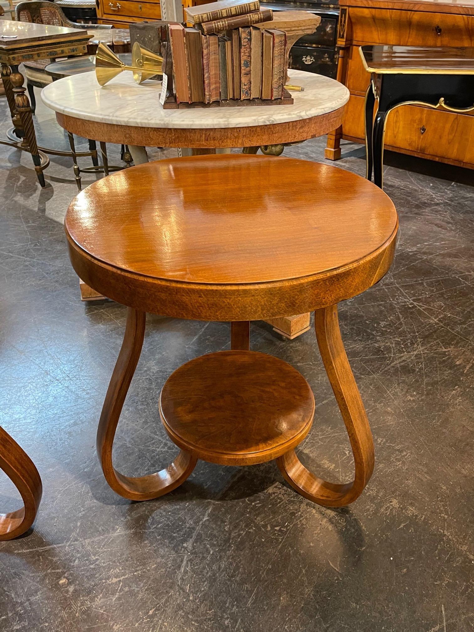 Gorgeous vintage Art Deco style walnut side tables. Beautiful polished finish on these stylish tables. Fabulous!
Note: One sold.  Have one available