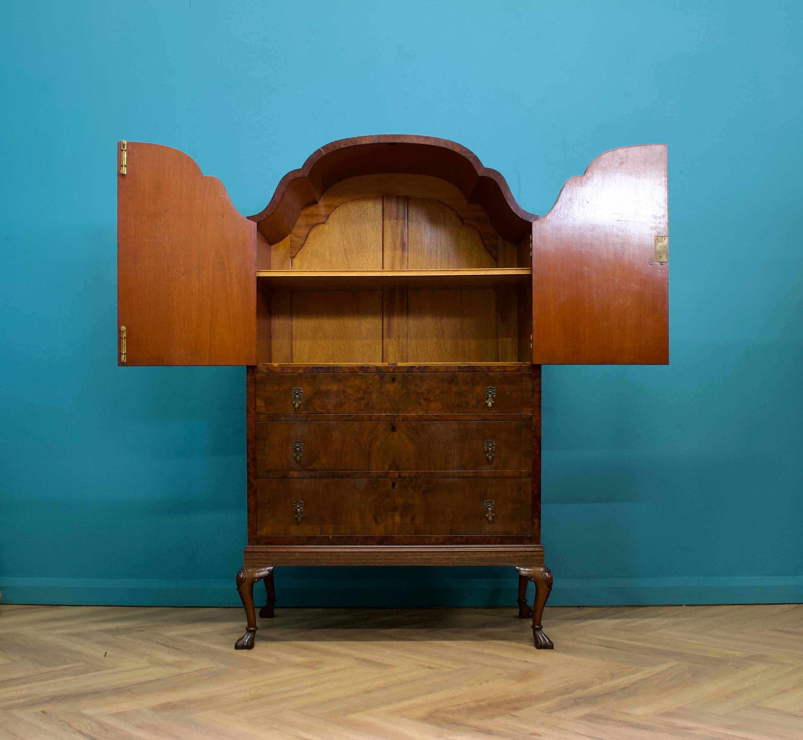 British Vintage Art Deco Walnut Tallboy Chest Linen Cabinet Press Waring & Gillow, 1930s