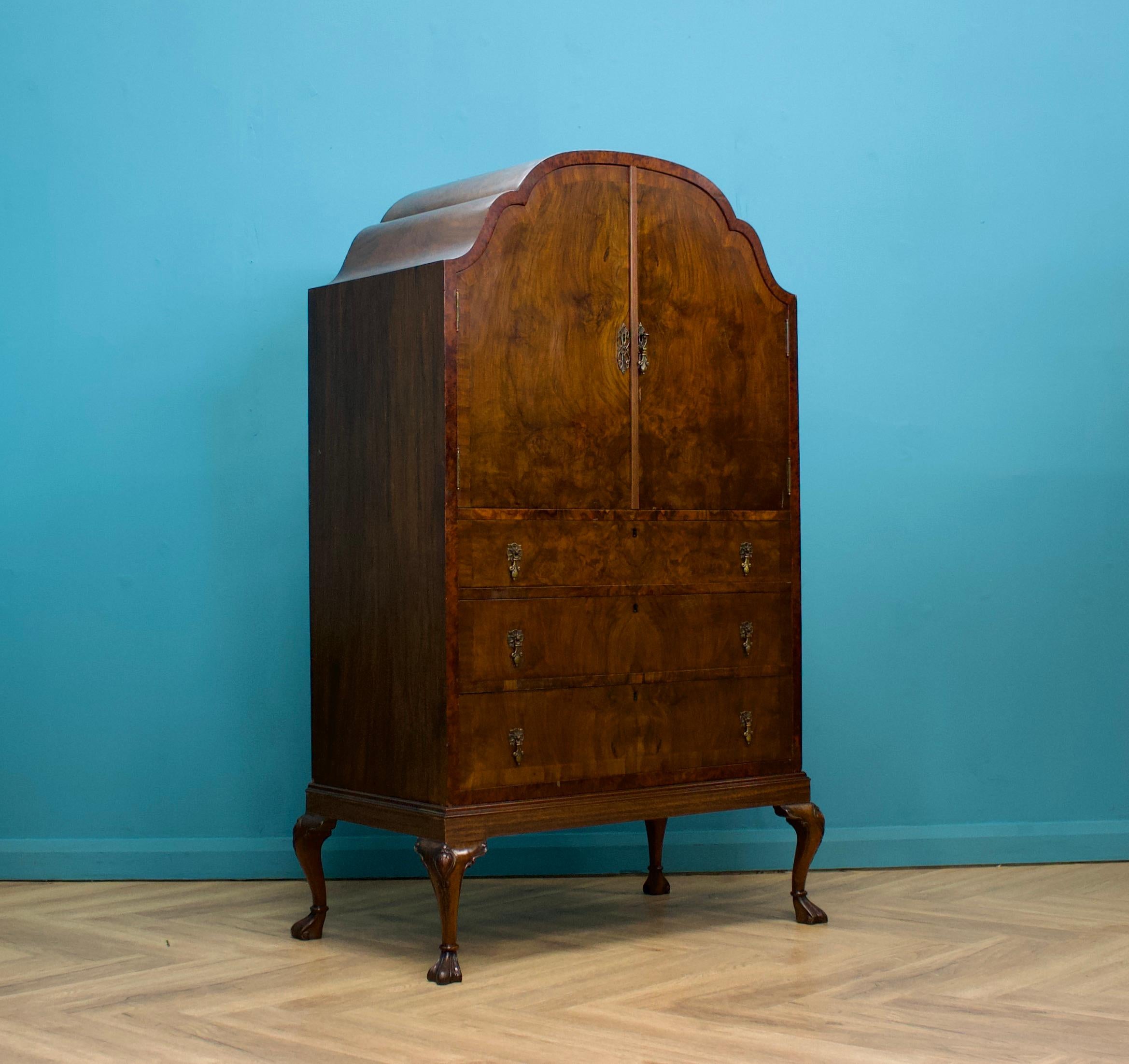 Vintage Art Deco Walnut Tallboy Chest Linen Cabinet Press Waring & Gillow, 1930s In Good Condition In South Shields, GB