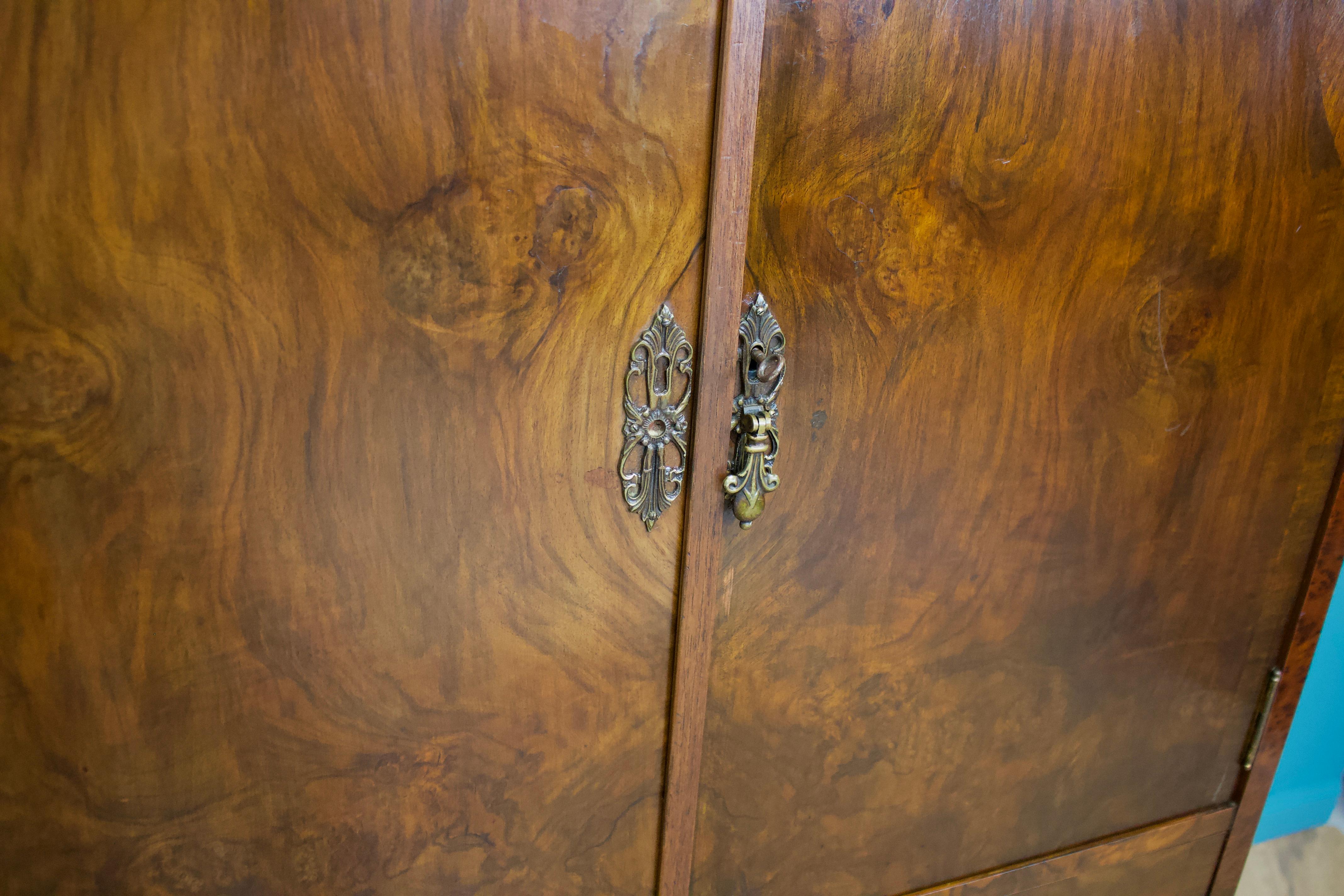 Wood Vintage Art Deco Walnut Tallboy Chest Linen Cabinet Press Waring & Gillow, 1930s