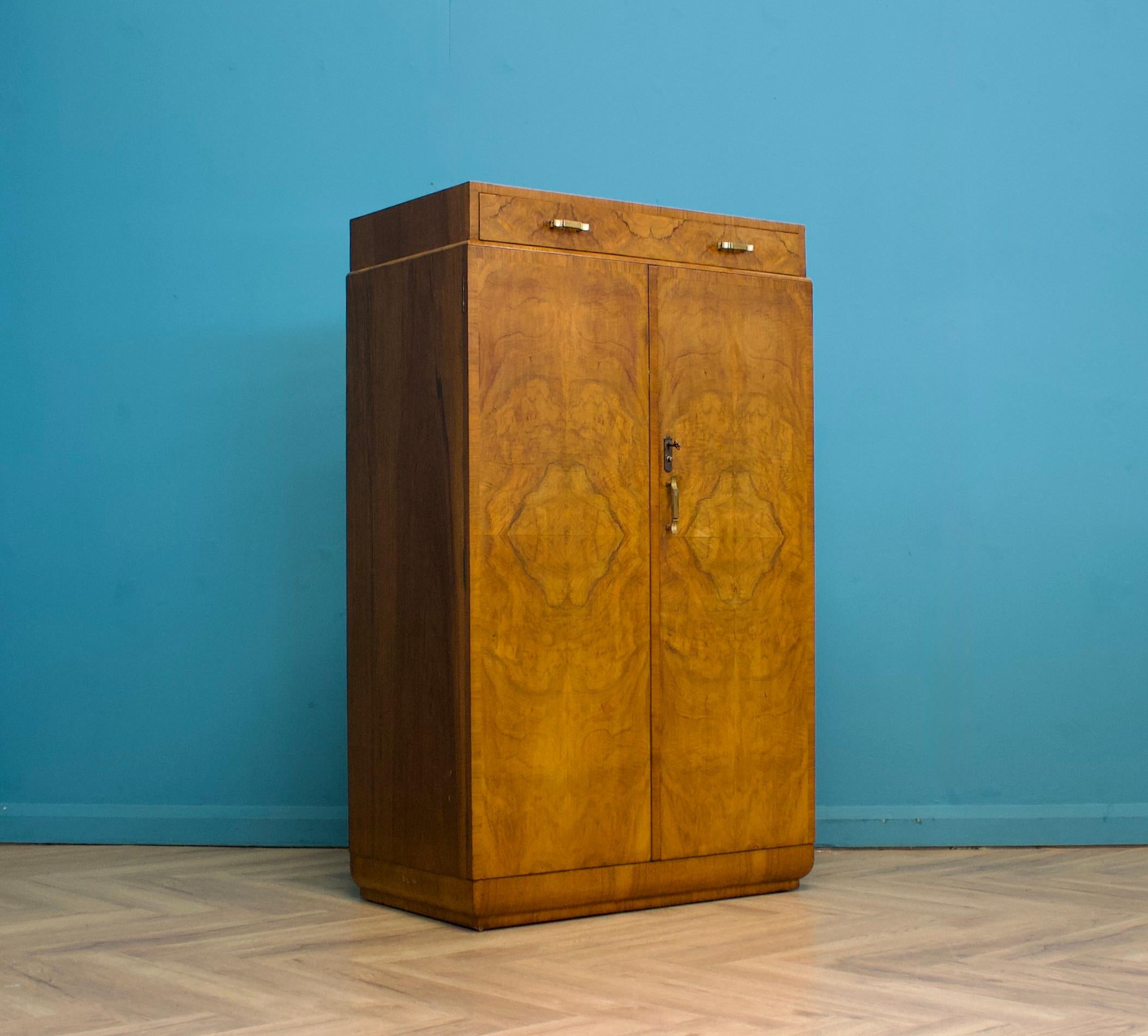 British Vintage Art Deco Walnut Tallboy / Linen Cabinet Press, 1930s For Sale