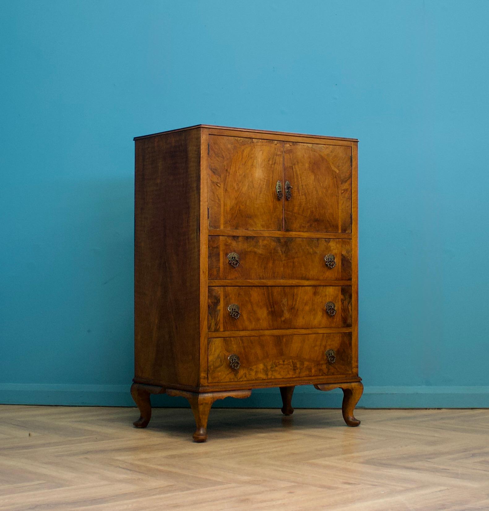 British Vintage Art Deco Walnut Tallboy / Linen Cabinet Press For Sale