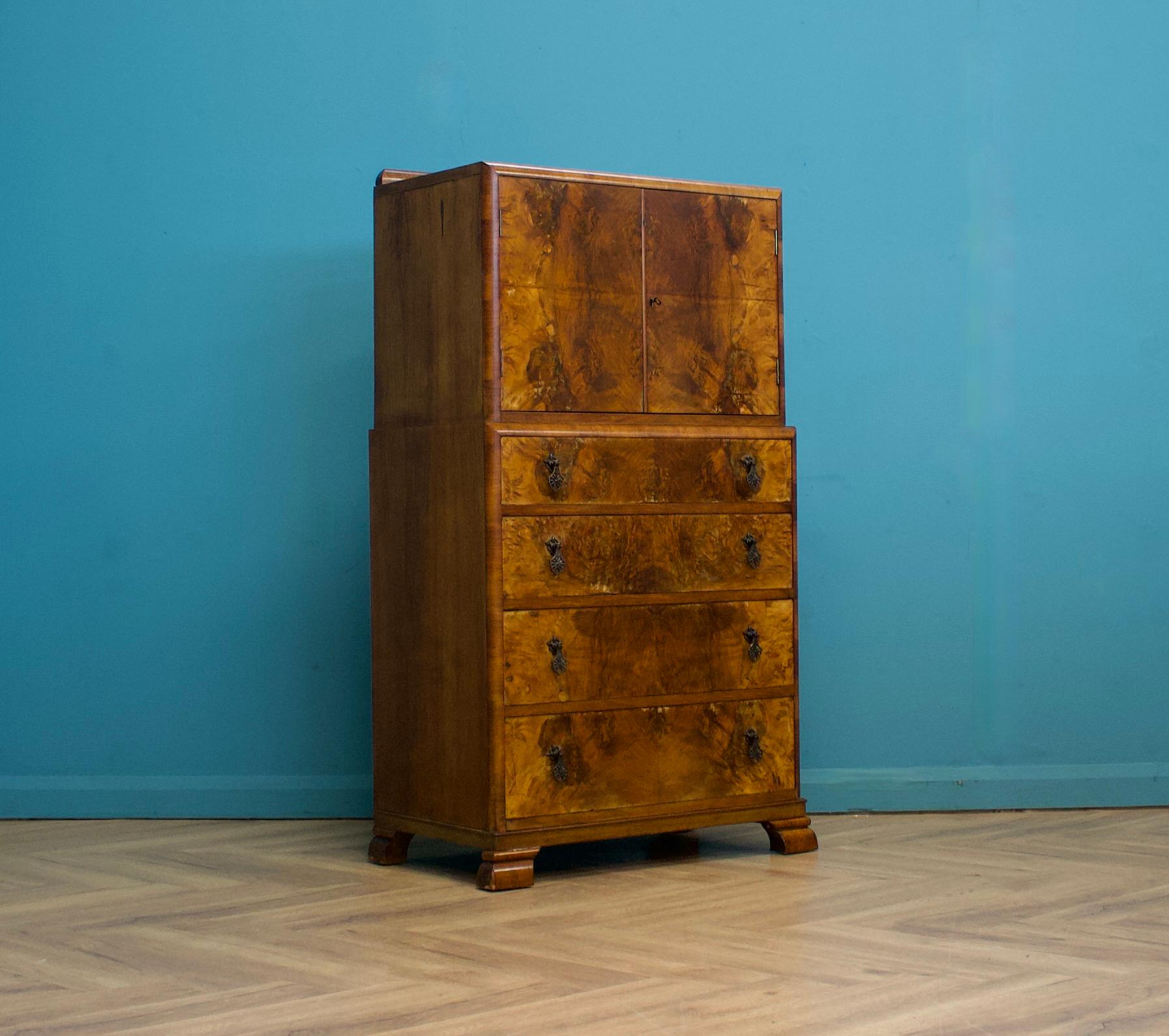 British Vintage Art Deco Walnut Tallboy / Linen Cabinet Press For Sale