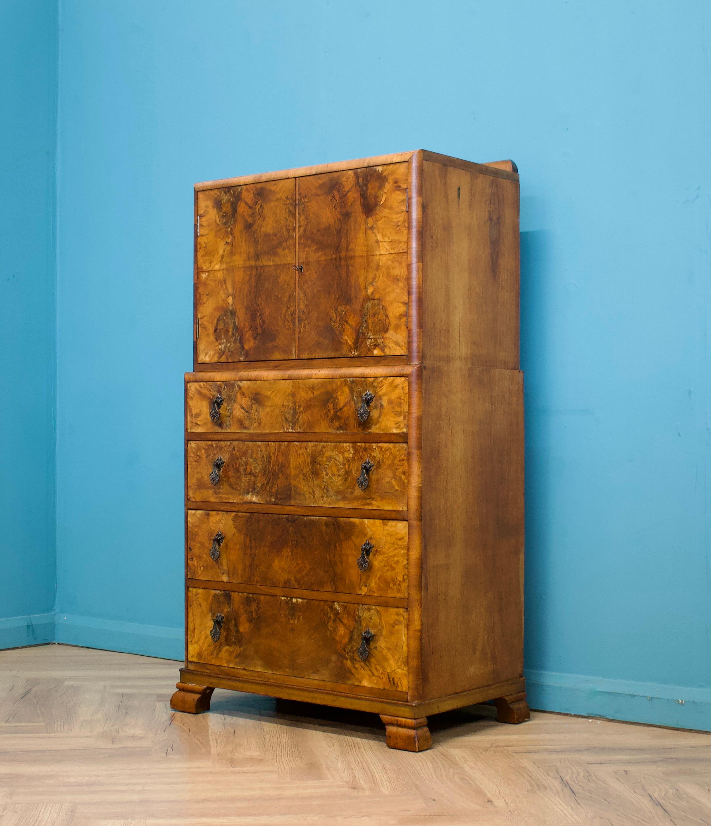 Veneer Vintage Art Deco Walnut Tallboy / Linen Cabinet Press For Sale