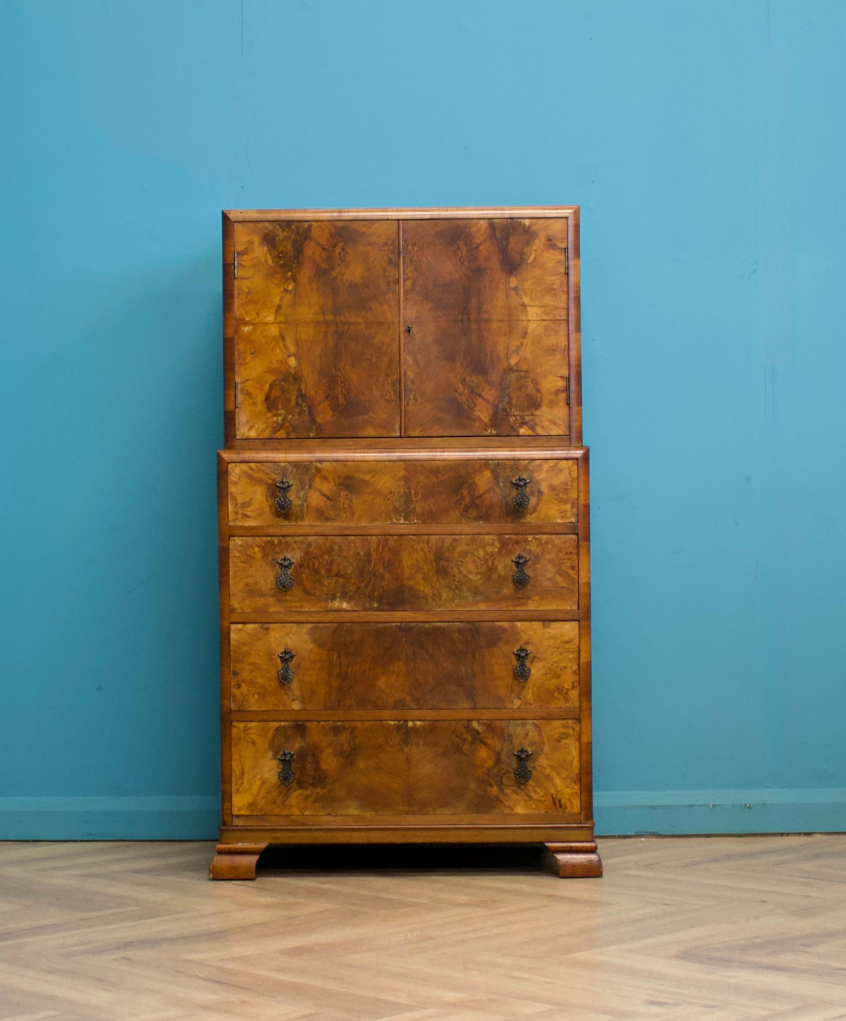 Vintage Art Deco Walnut Tallboy / Linen Cabinet Press In Good Condition For Sale In South Shields, GB