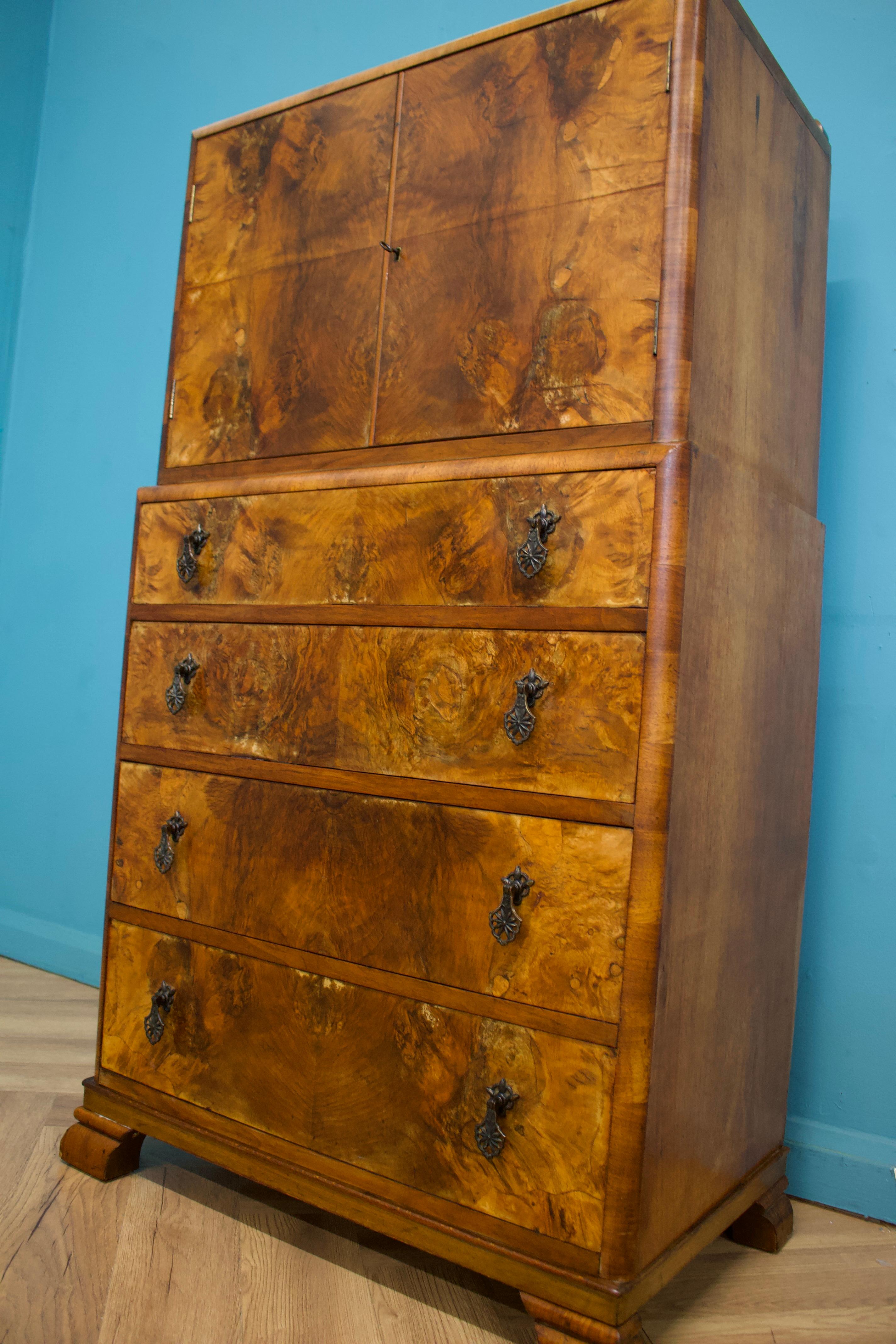 Mid-20th Century Vintage Art Deco Walnut Tallboy / Linen Cabinet Press For Sale