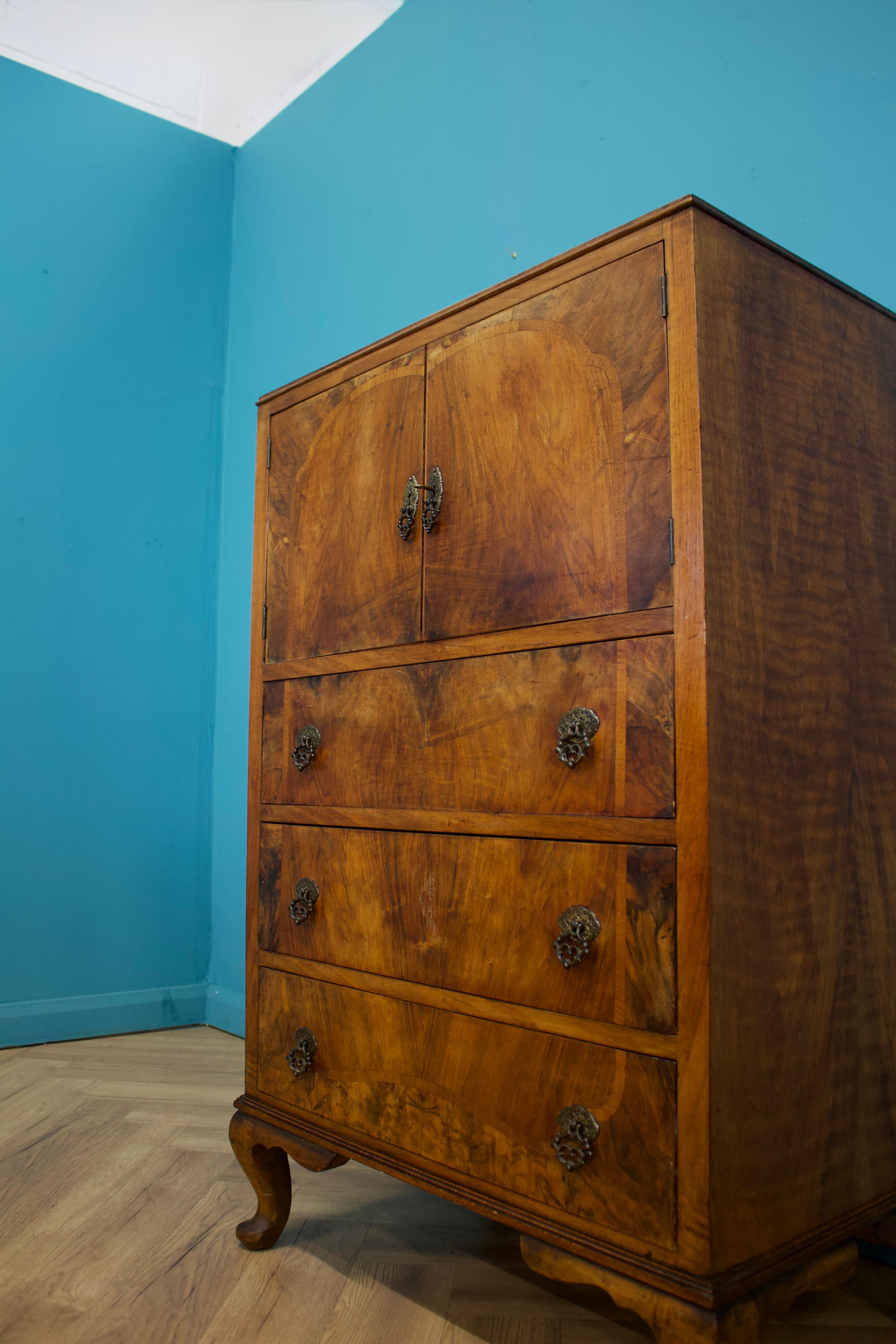 Vintage Art Deco Walnut Tallboy / Linen Cabinet Press For Sale 1