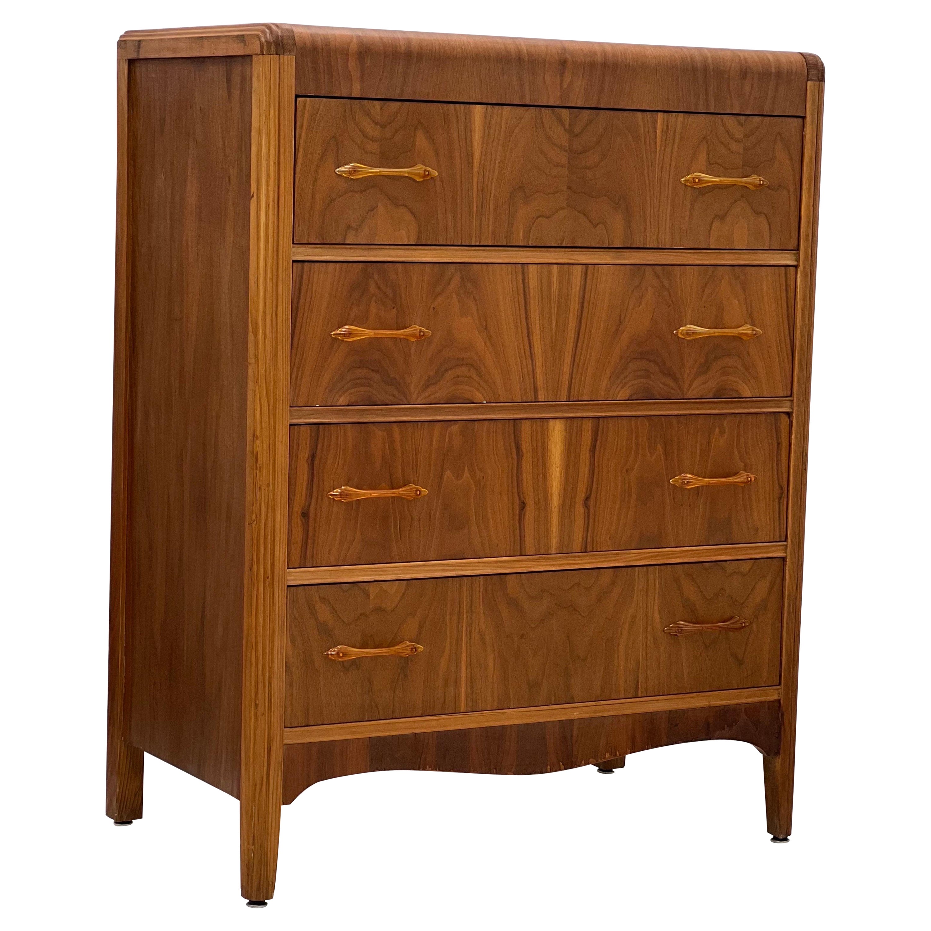 Vintage Art Deco Waterfall Burlwood Retro Dresser with Burl Accents