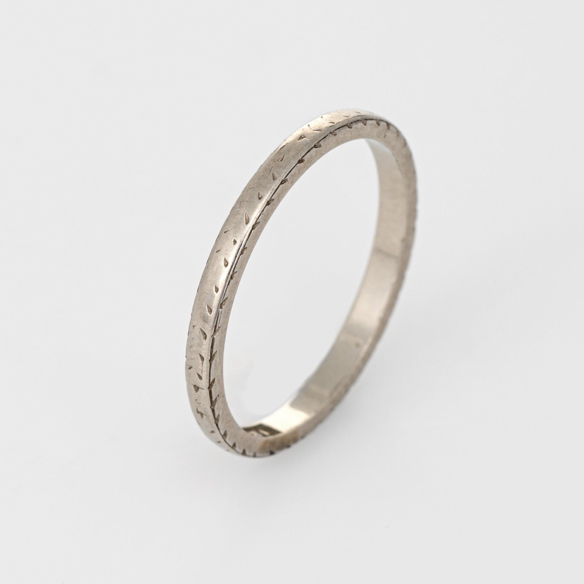 The ring epitomizes vintage charm and would make a lovely alternative wedding band. A hand etched foliate pattern is evident around the entire band (has worn down due to age and wear). Great worn alone or stacked with your jewelry from any era. The